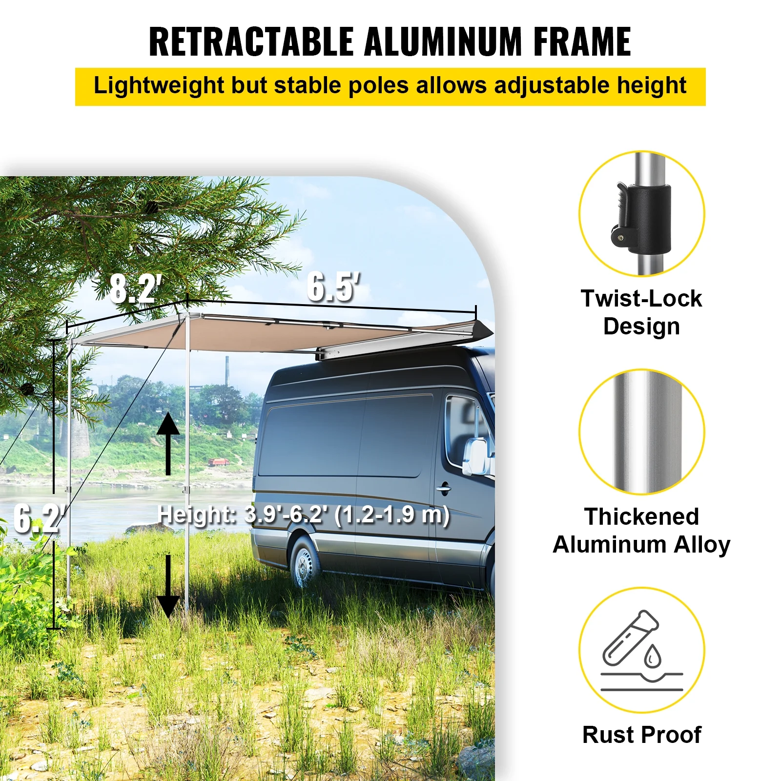 BENTISM Car Awning Car Tent Retractable Waterproof SUV Rooftop Khaki 8.2'x6.5'