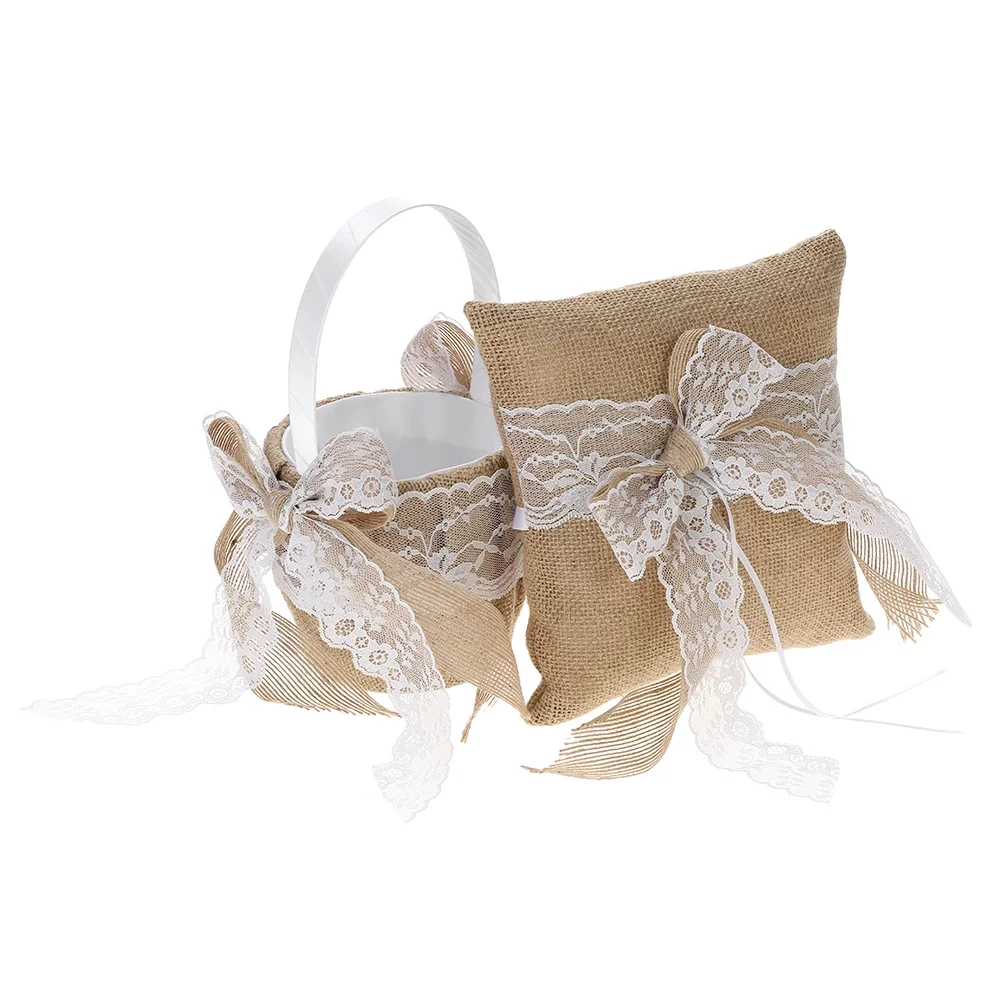 7 * 7 Inches Vintage Burlap Lace Bowknot Ring Bearer Pillow and Rustic Wedding Flower Girl Basket Set