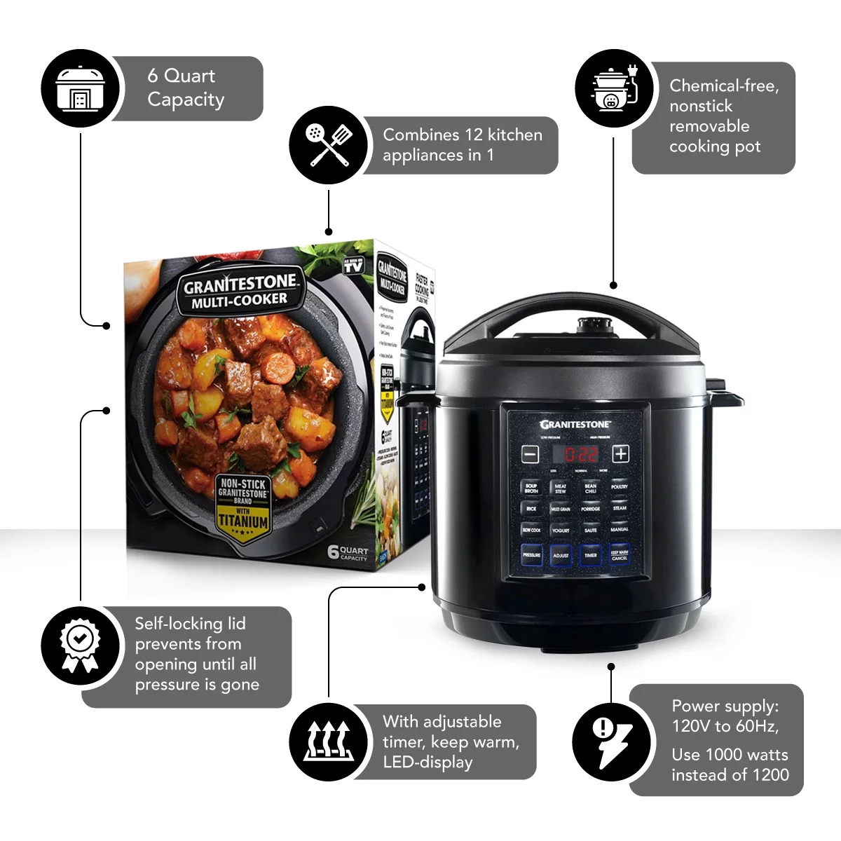 Granite Stone Diamond 12 in 1 Non Stick Multi Cooker, 6 Quart – As Seen on TV!