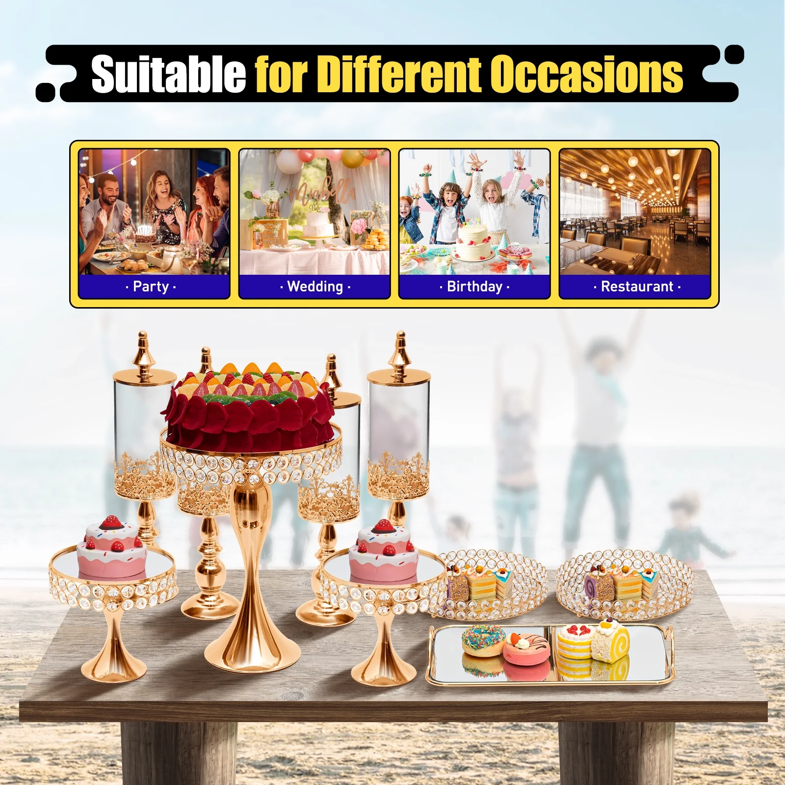 10PCS Crystal Cupcake Cake Stands, Gold Metal Dessert Table Stands Set for Birthday Party