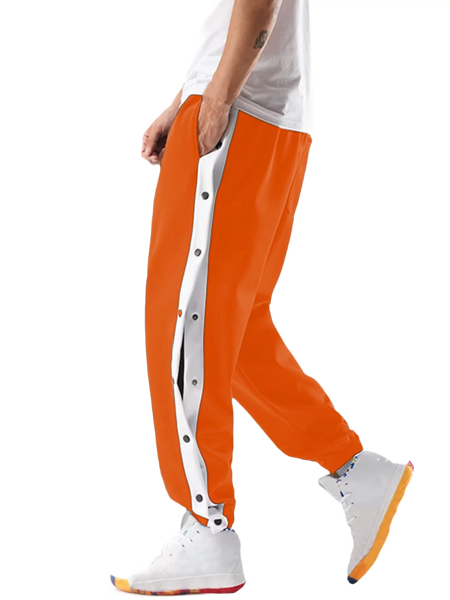 Men's Tear Away Pants, Loose Fit Basketball Pants High Split Snap Button Sweatpants