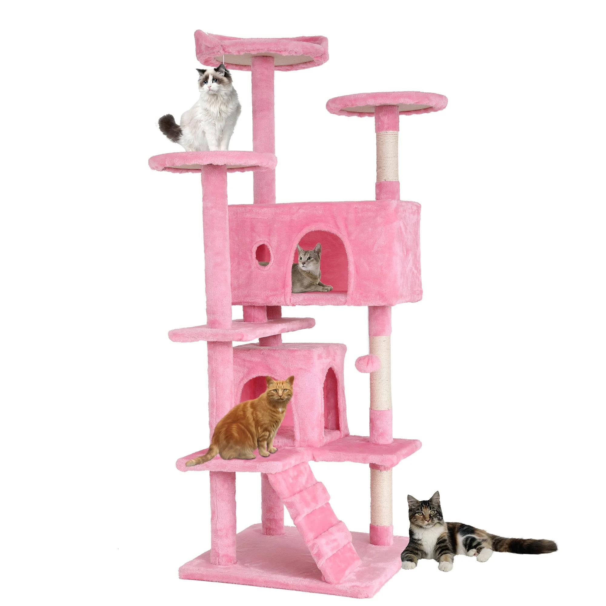 Pink 54in Cat Tree Tower for Indoor Cats,Multi-Level Cat Furniture Activity Center with Cat Scratching Posts Stand House Cat Condo with Funny Toys for Kittens Pet Play House