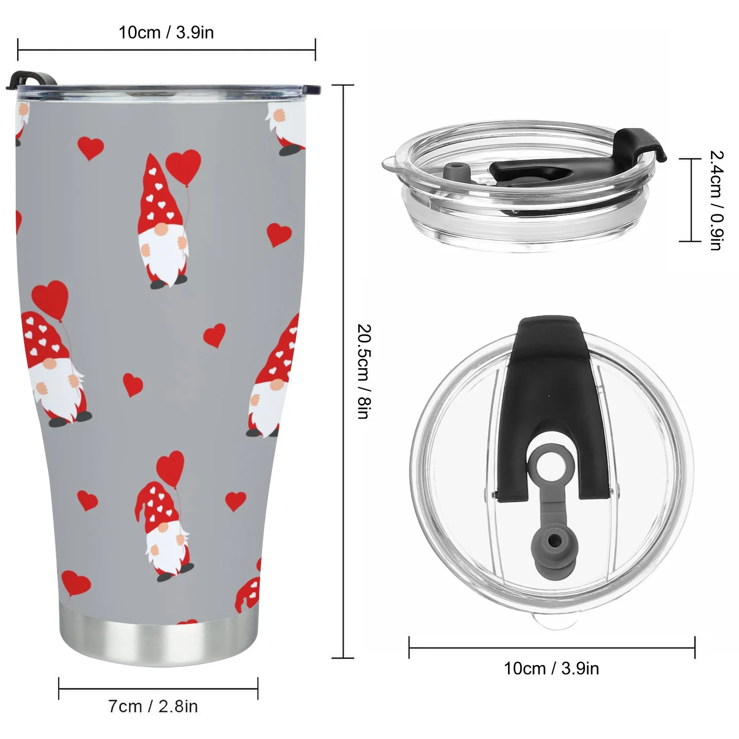 Hidove Stainless Steel Tumbler, Cute Valentines Gnomes in Red Hats and Hearts 30oz Leak Proof & Stainless Steel Bottle for Hot & Cold Drinks - Coffee Travel Mug, Water Metal Canteen, Thermal Cup