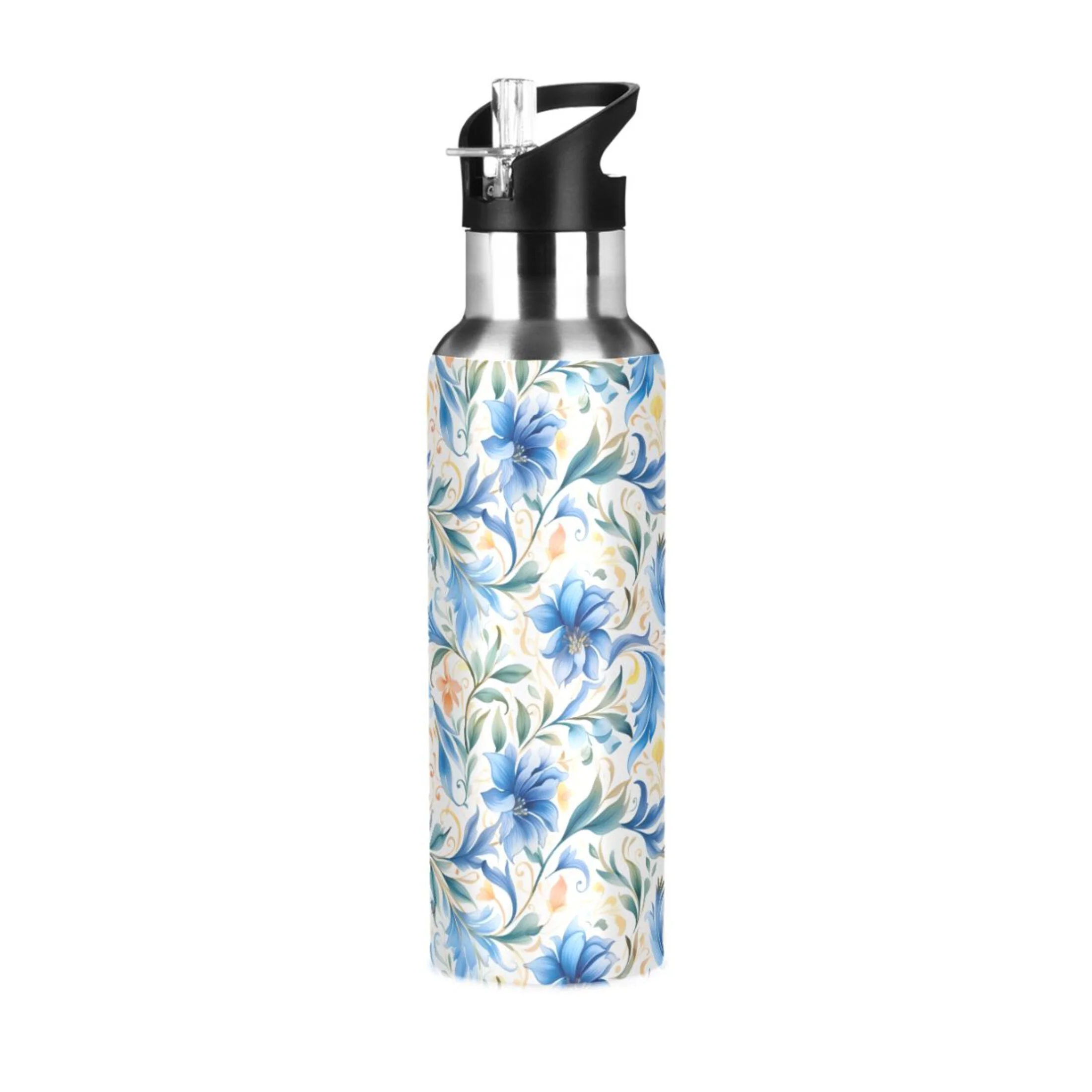 Water Bottle with Straw Lid Leak Blue Flowers Floral Stainless Steel Insulated Thermos Vacuum Flask for Cold Hot Drinking for Sports Camping Gym Yoga