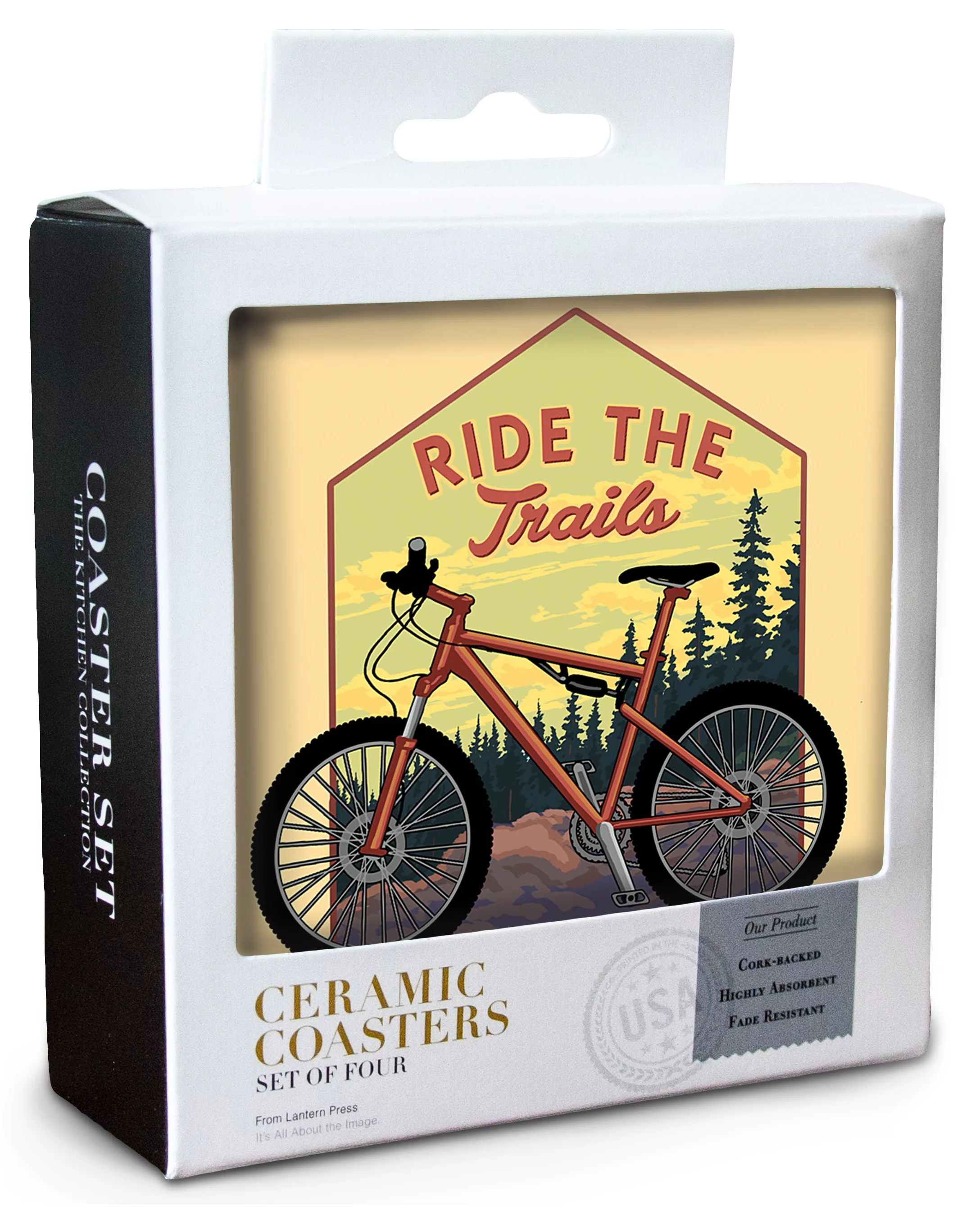 Lantern Press Ceramic Coaster Set, Colorado, Ride the Trails, Mountain Bike, Contour, Cork Back, Absorbent, Unique Art