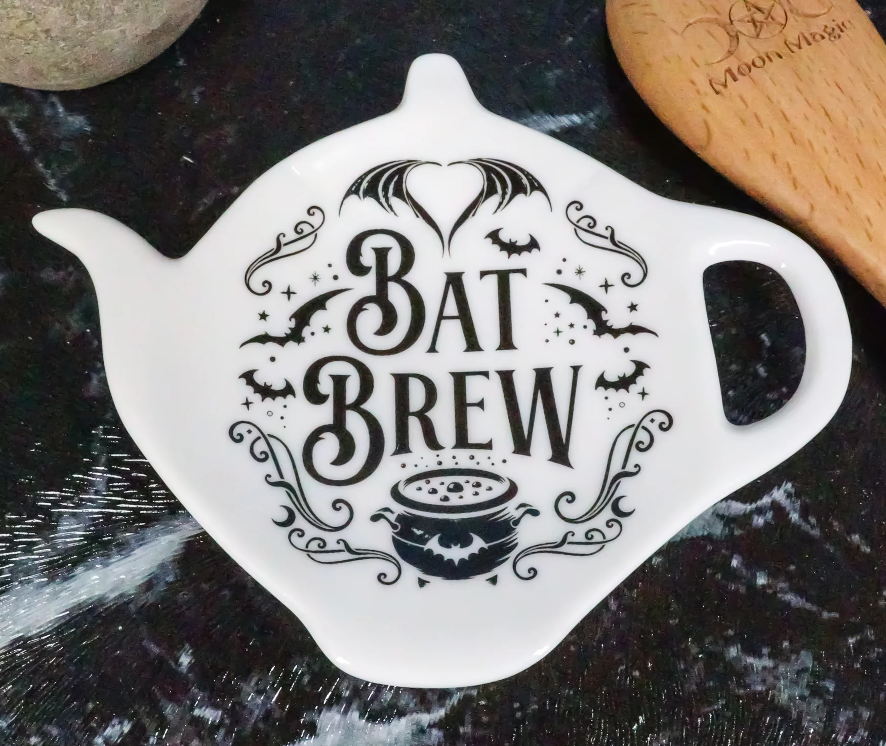 Pack Of 2 Wicca Bat Brew Cauldron Porcelain Tea Spoon Or Bag Rest Petite Plate