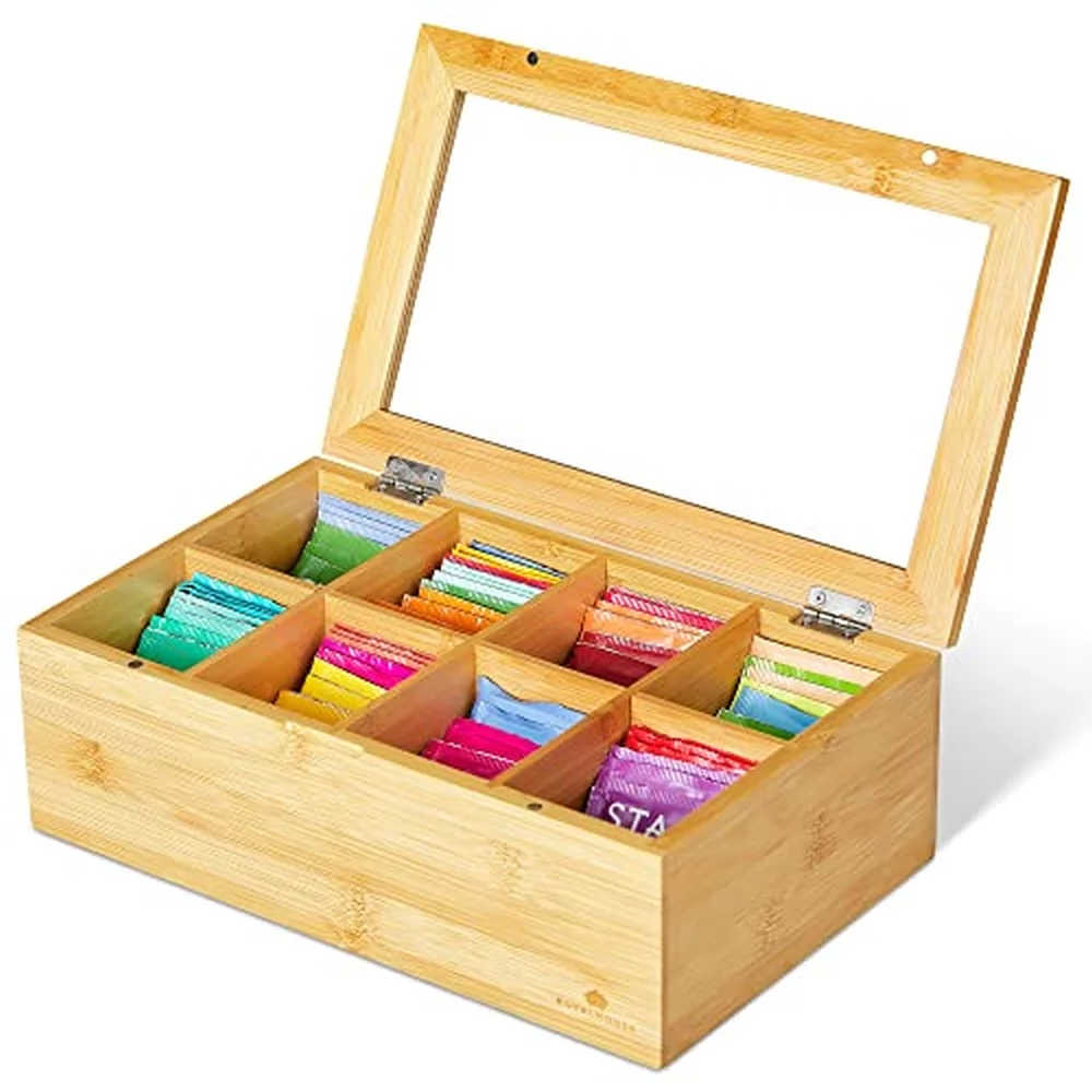 RoyalHouse Big Natural Bamboo Tea Box Organizer, Tea Bag Holder with 8 Compartments