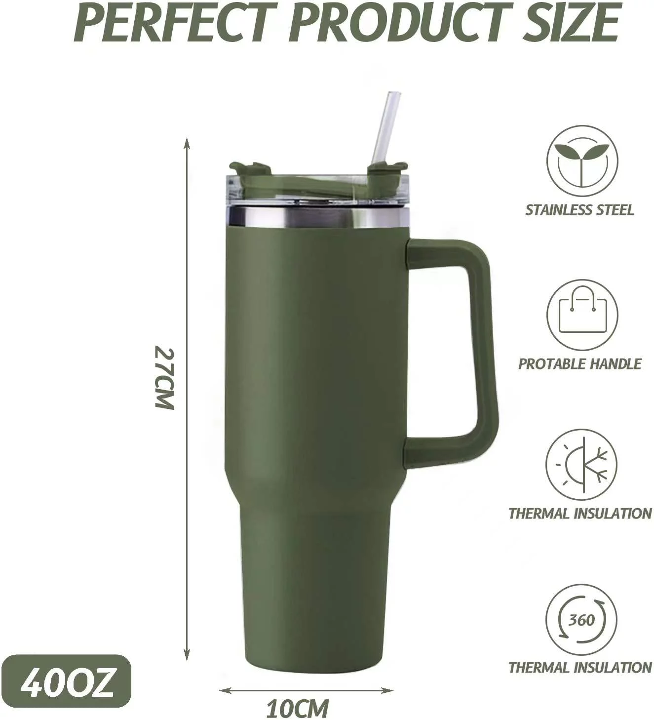 IMMEKEY Water Bottle 40 oz Tumbler Insulated with Straw Flip Stainless Steel Vacuum Travel Mug Cup for Women & Men (Army Green)