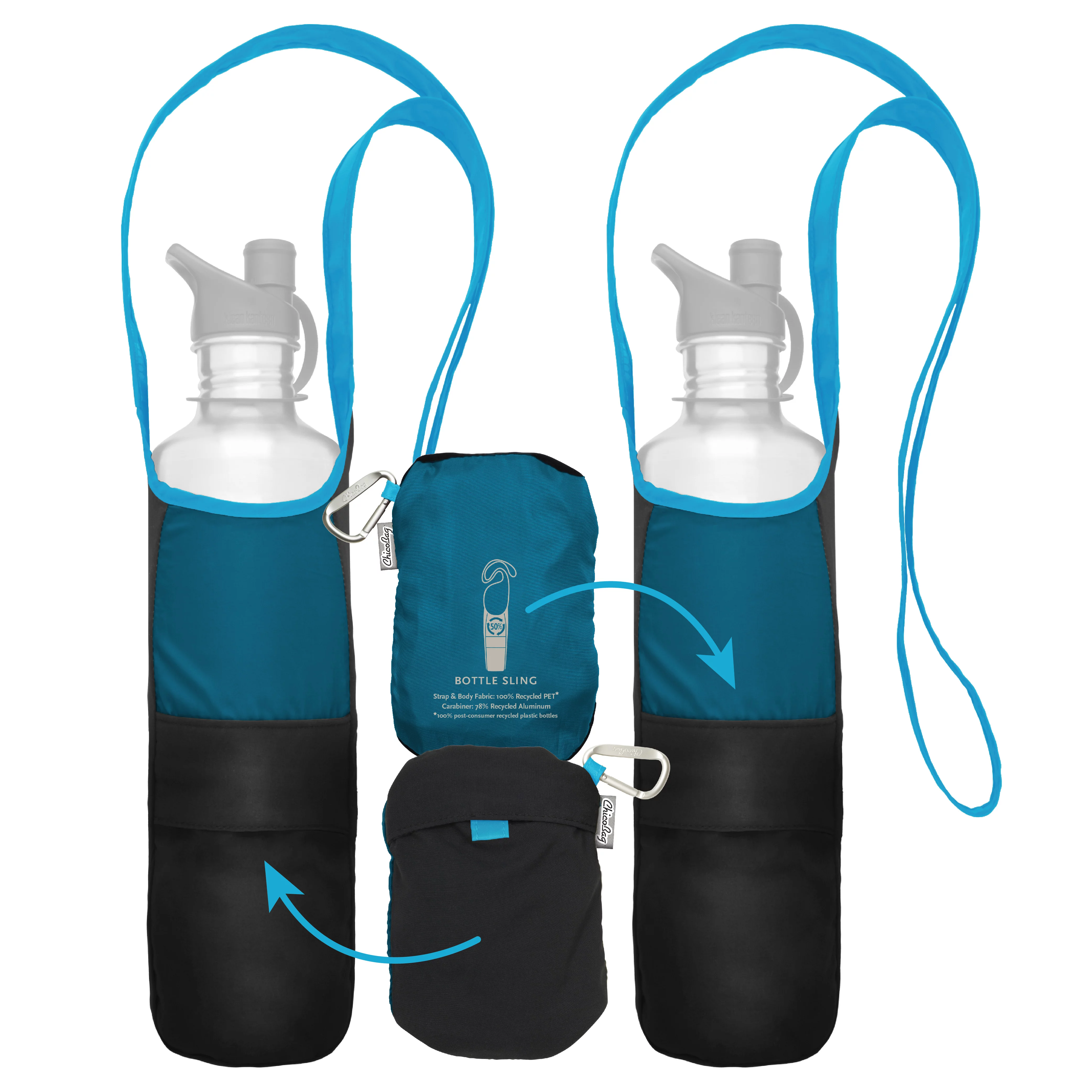 ChicoBag®  Bottle Sling rePETe™ Recycled Water Bottle Bag with Pouch, Aquamarine Blue 2 Pack