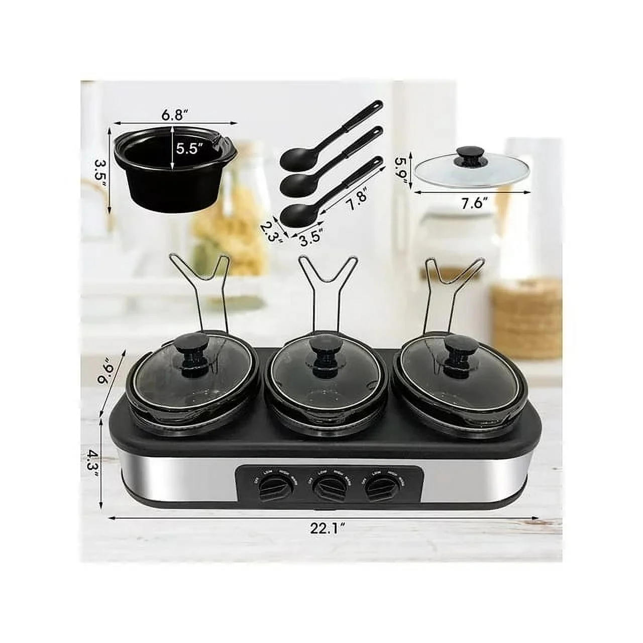 CozyHom 3-Pot Electric Slow Cooker, 4.5 Qt Food Warmer Pot with Adjustable Temp Removable Pots Lid Rests Pot, Black