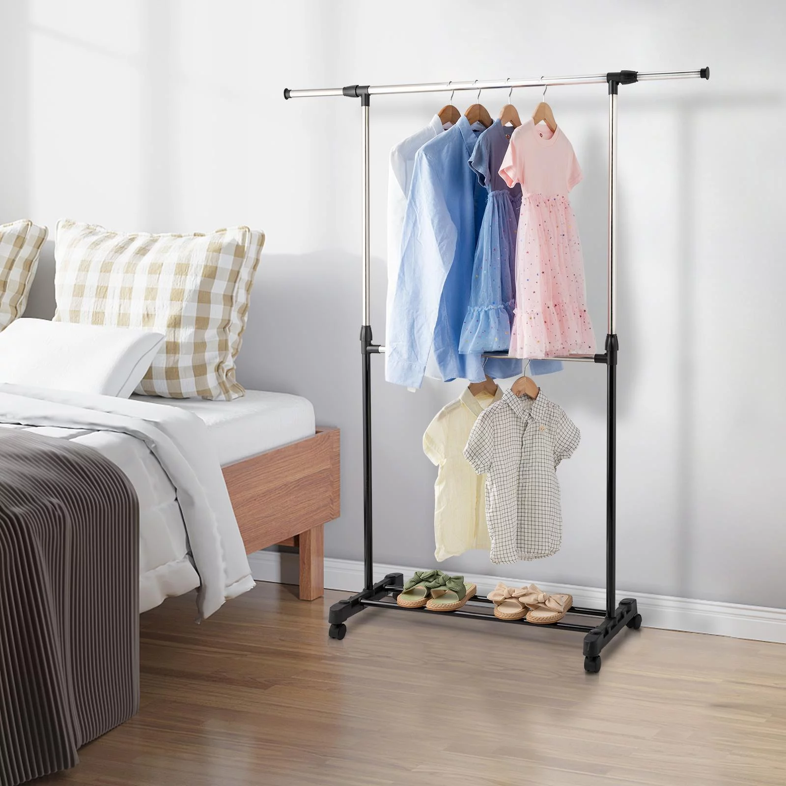 Ktaxon  Adjustable Rolling Clothes Rack Single Rail Hanging Garment Bar Heavy Hanger