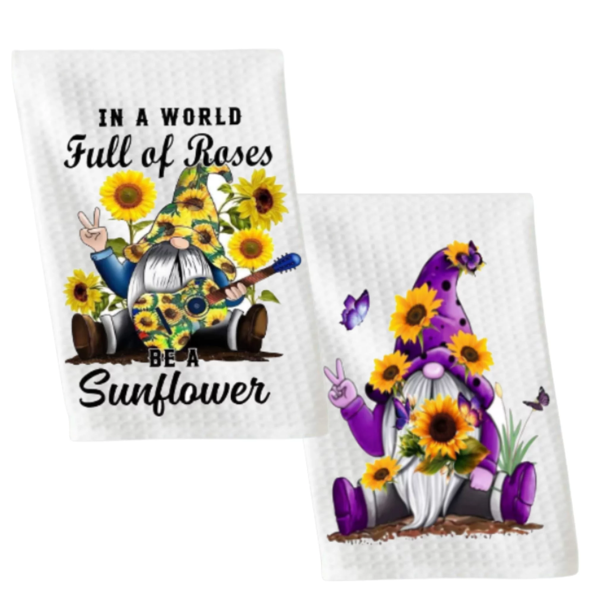 Versatility Dish Towels White 16x24 Kitchen Funny - Sunflower Gnomes Set of 2