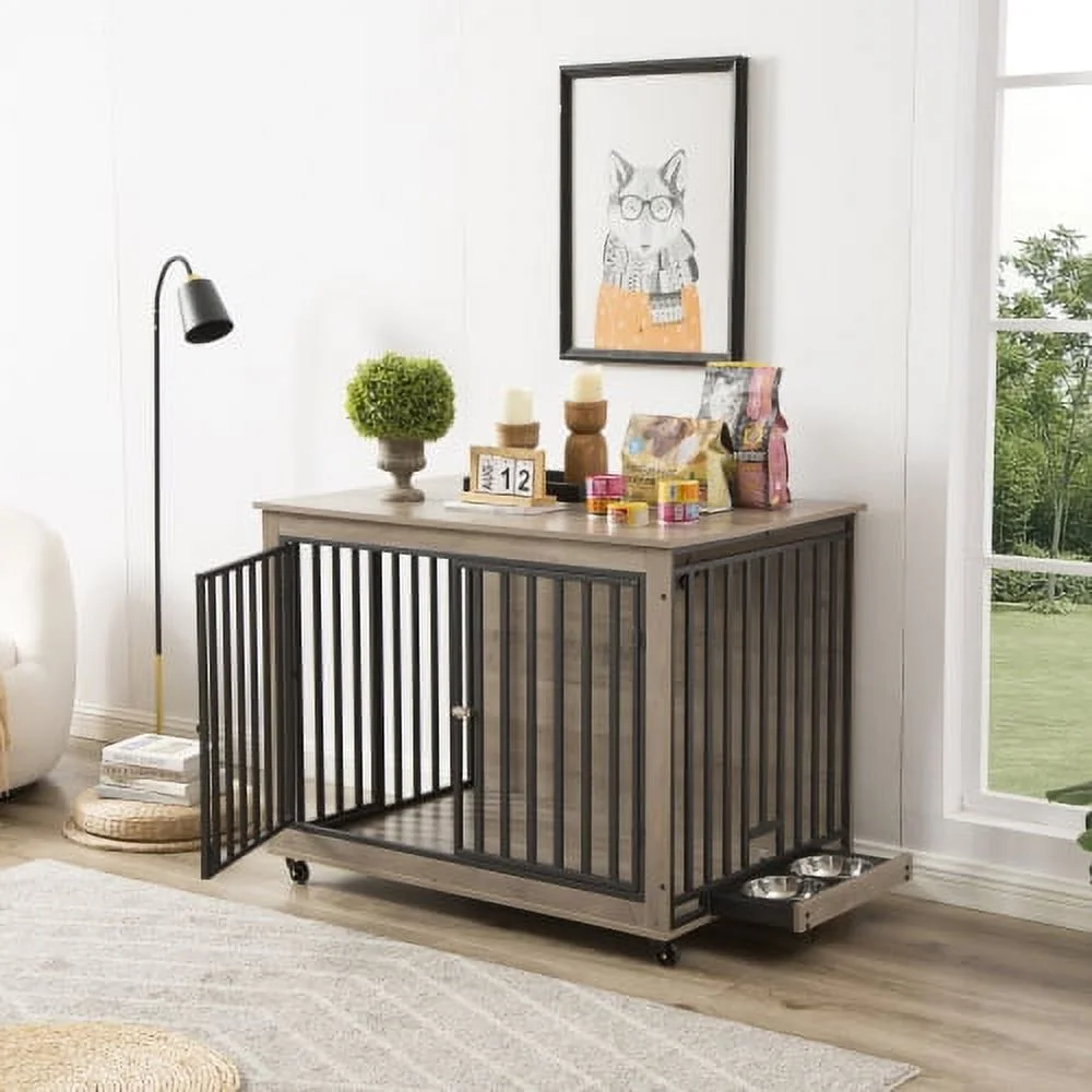 Furniture Style Dog Crate Side Table With Feeding Bowl, Wheels, Three Doors, Flip-Up Top Opening. Indoor, Grey, 43.7