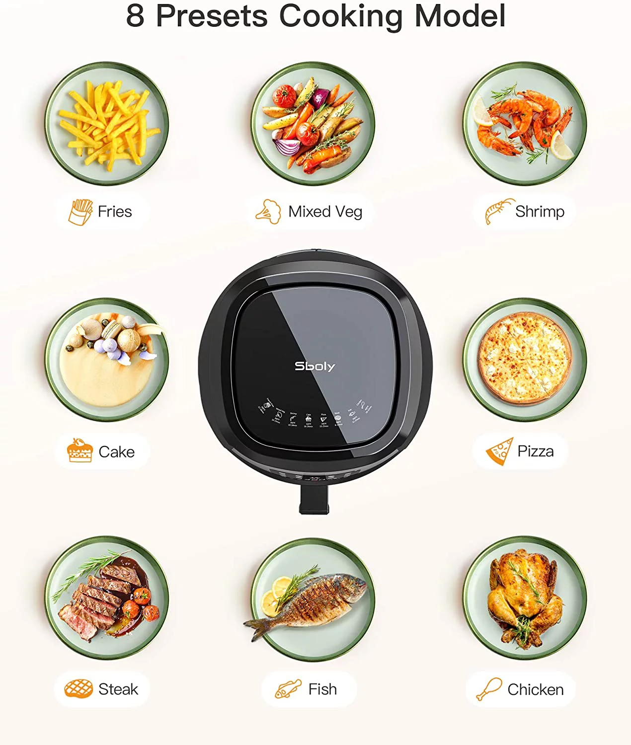 Sboly 8 in 1 Air Fryer, 8.9 Qt with LCD Digital Touch Screen including Cooking Tongs and Recipe Book, Airfryer with Water-based Non-stick Coating Grill Shelf and Frying Basket