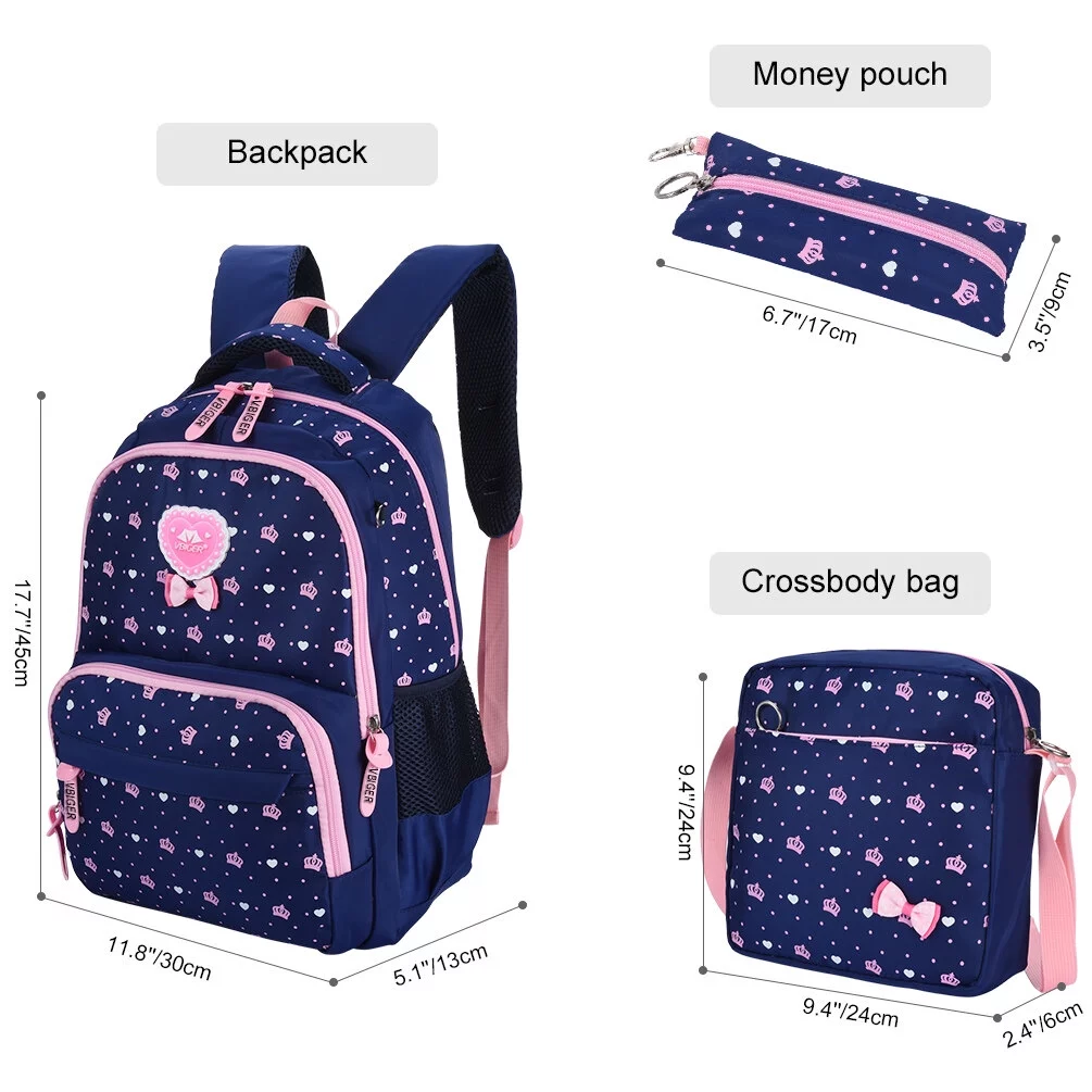 Vbiger School Backpack for Girls: 3 in 1 Schoolbag with 2 Mini Bags, Cross-Body Bag and Money Pouch for Students Between 7-16 Years Old, Dark Blue