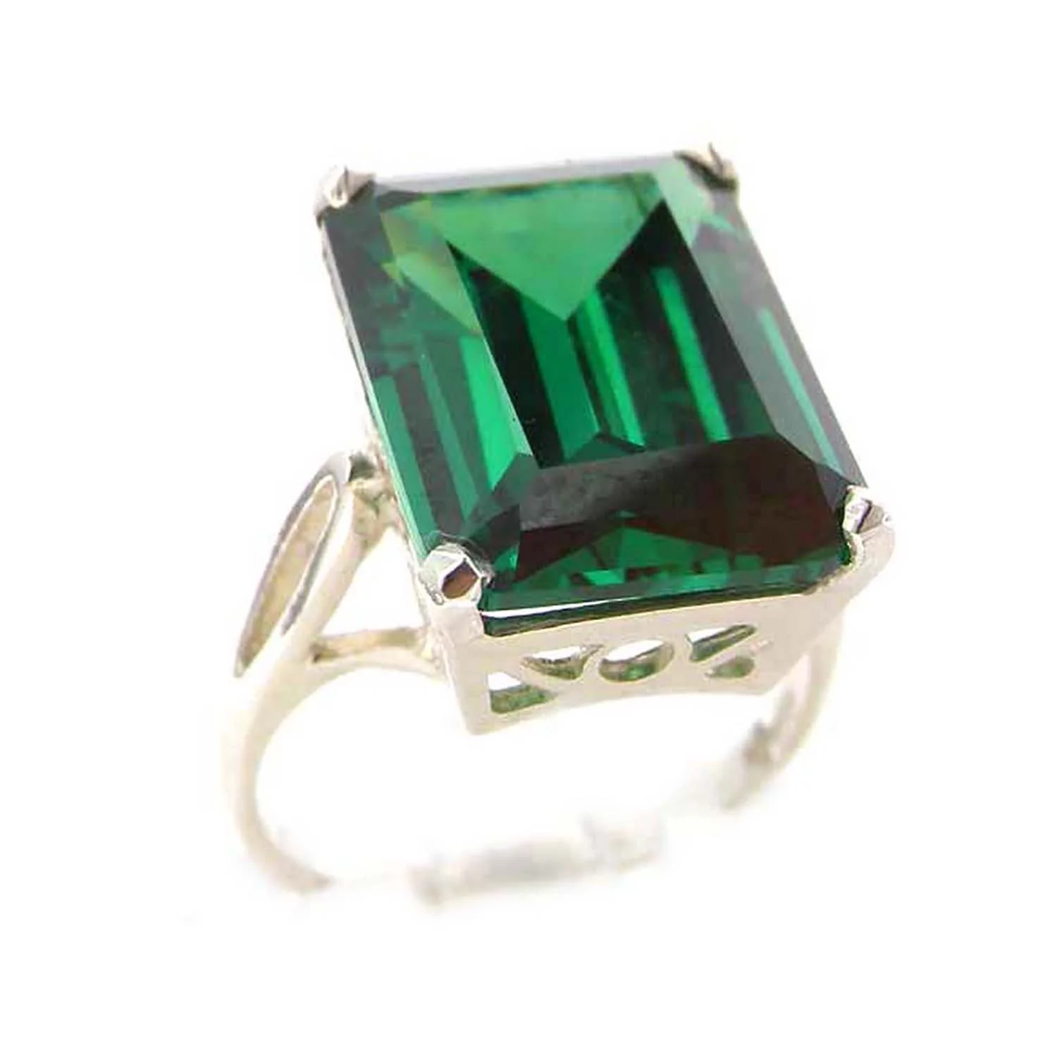 LBG Solid Sterling Silver Large 16x12mm Octagon cut Green Cubic Zirconia CZ Ring - Size 10 - Sizes 5 to 12