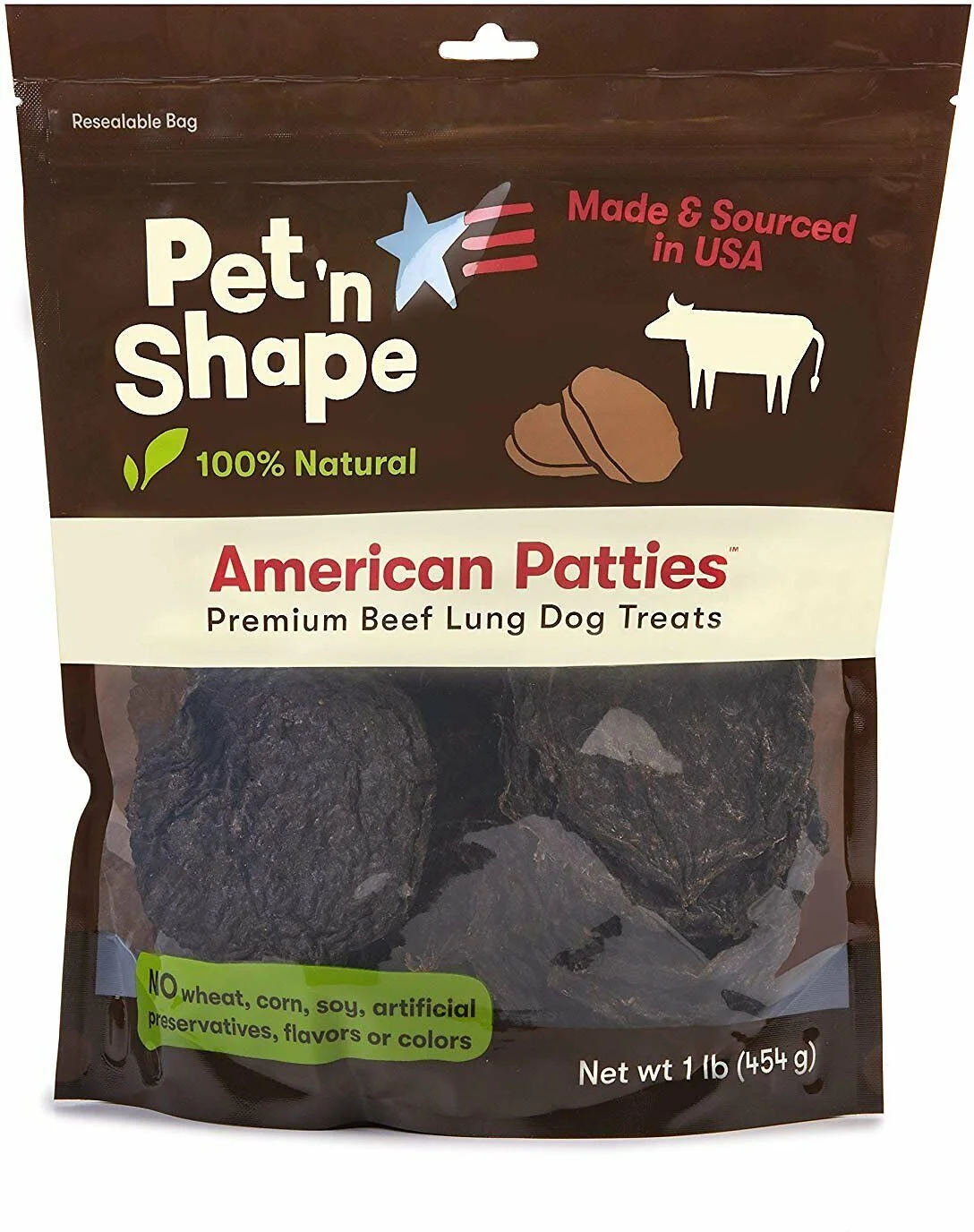 Pet 'n Shape American Patties Premium Beef Lung Dog Treats, 16-oz bag