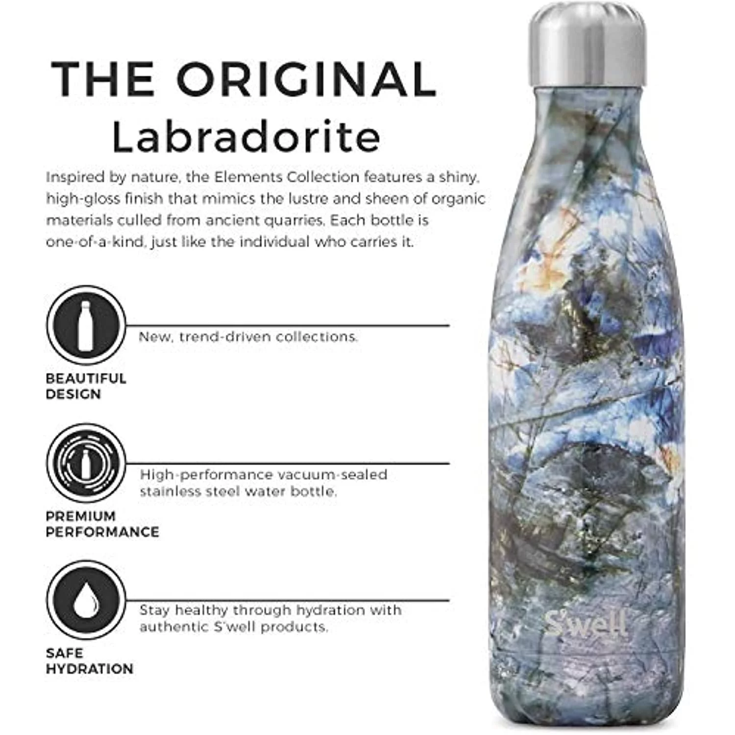 S'well Stainless Steel Triple-Layered Vacuum-Insulated Containers - BPA Free Water Bottle, 17 fl oz, Labradorite