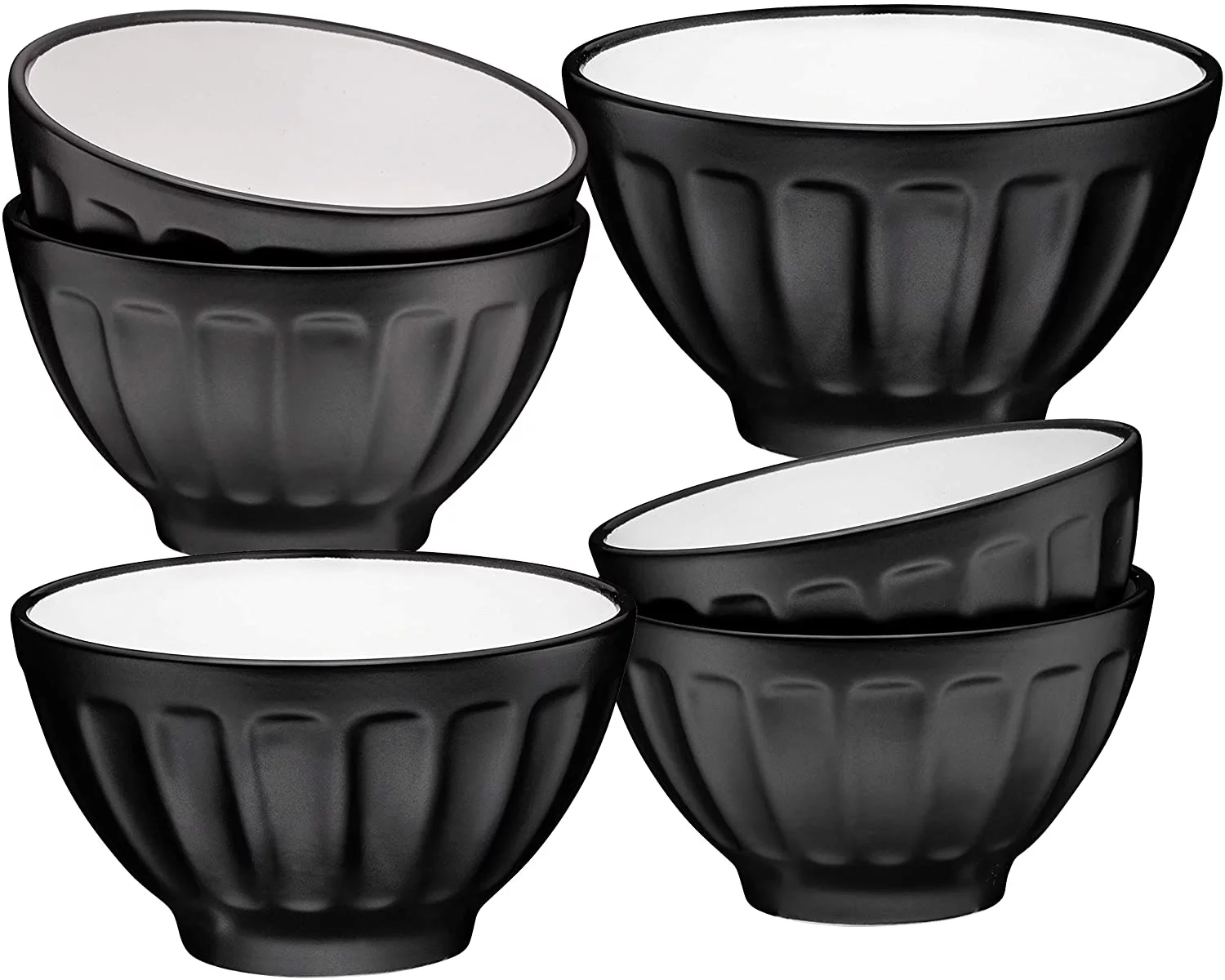 Bruntmor - Ceramic Groove Bowls - Cereal 14oz. Set of 6, Matte Black