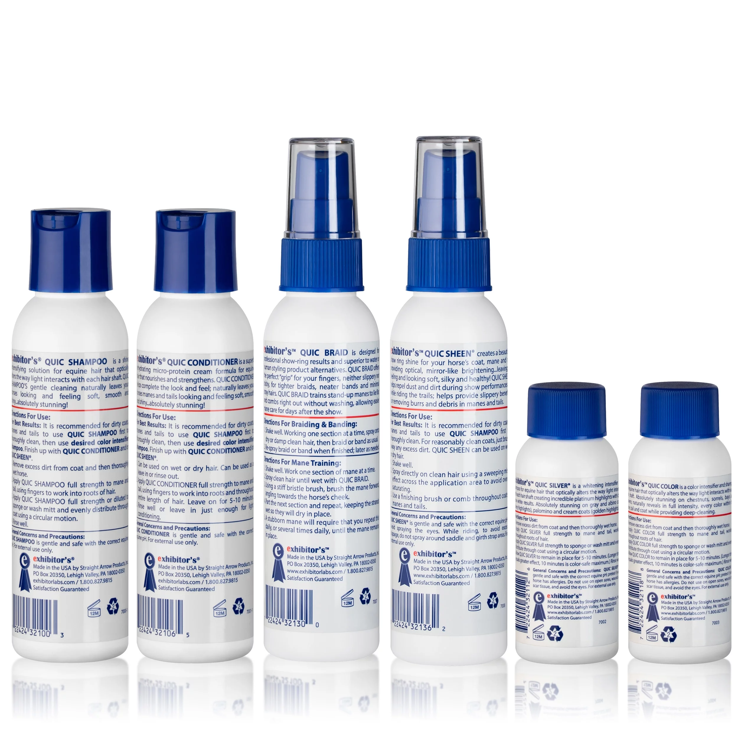 exhibitor's: Quic Color Sampler Kit | Quic Shampoo (3.4 Oz), Quic Conditioner (3.4 Oz), Quic Braid (3.4 Oz), Quic Sheen (3.4 Oz), Quic Silver (2 Oz), and Quic Color (2 Oz)