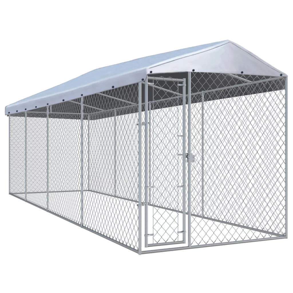 Anself Single-Door Outdoor Steel Dog Kennel with Roof, Silver, X-Large, 299