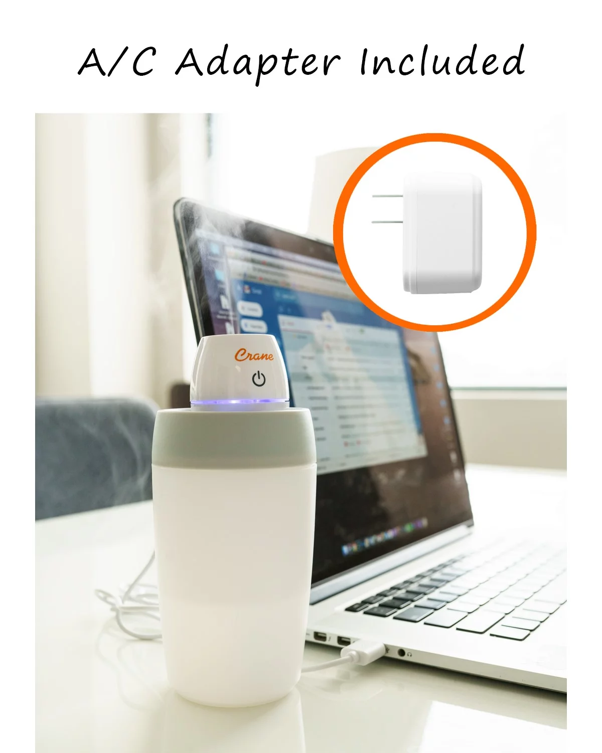 Crane Ultrasonic Cool Mist Travel Humidifier, White