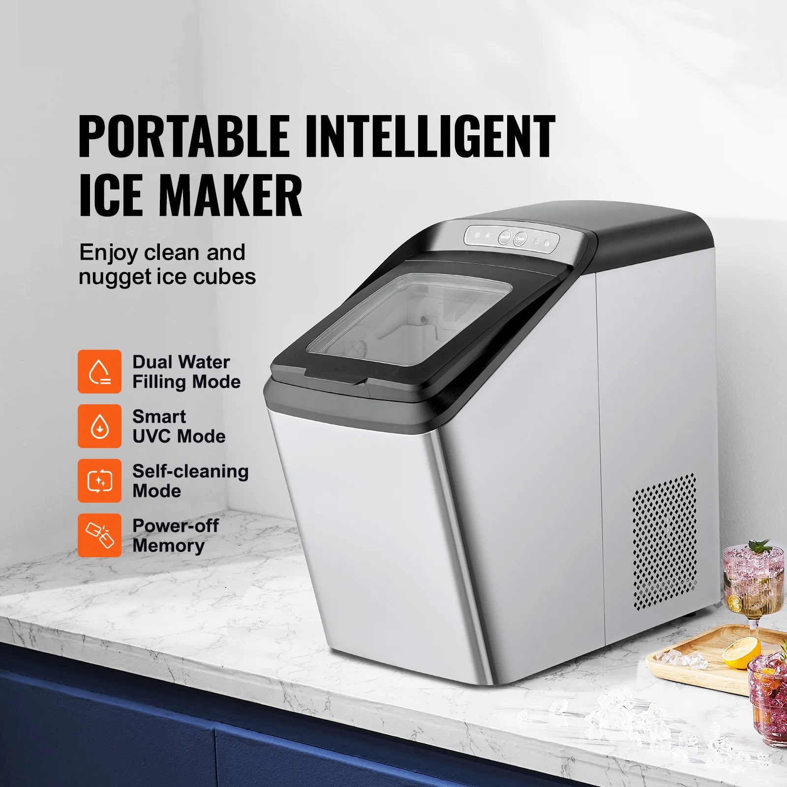 SKYSHALO Portable Countertop Ice Maker 30lbs/24H Self-Cleaning with UV Function