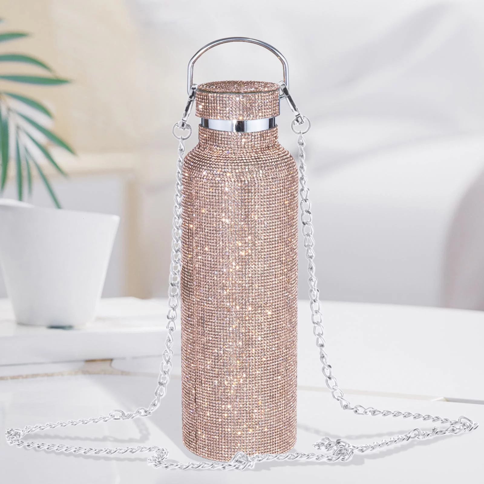 Bottle with Chain 500ml/17oz Stainless Steel Refillable Insulated Bottle Sparkling Vacuum Cup for 6-12H Insulation , Rose Gold