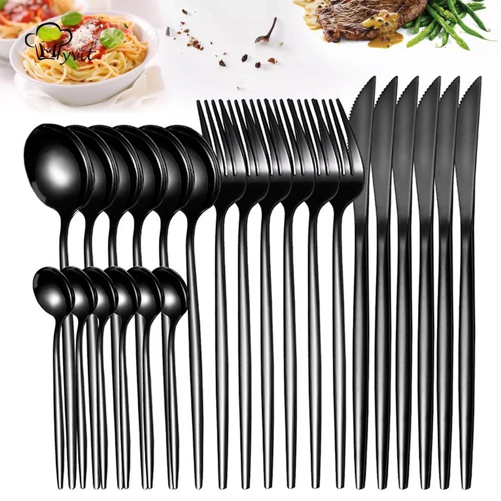 Myvit Black Dinnerware Set 24pcs Kitchen Flatware Tableware Restaurant Steak Knife Fork Spoon