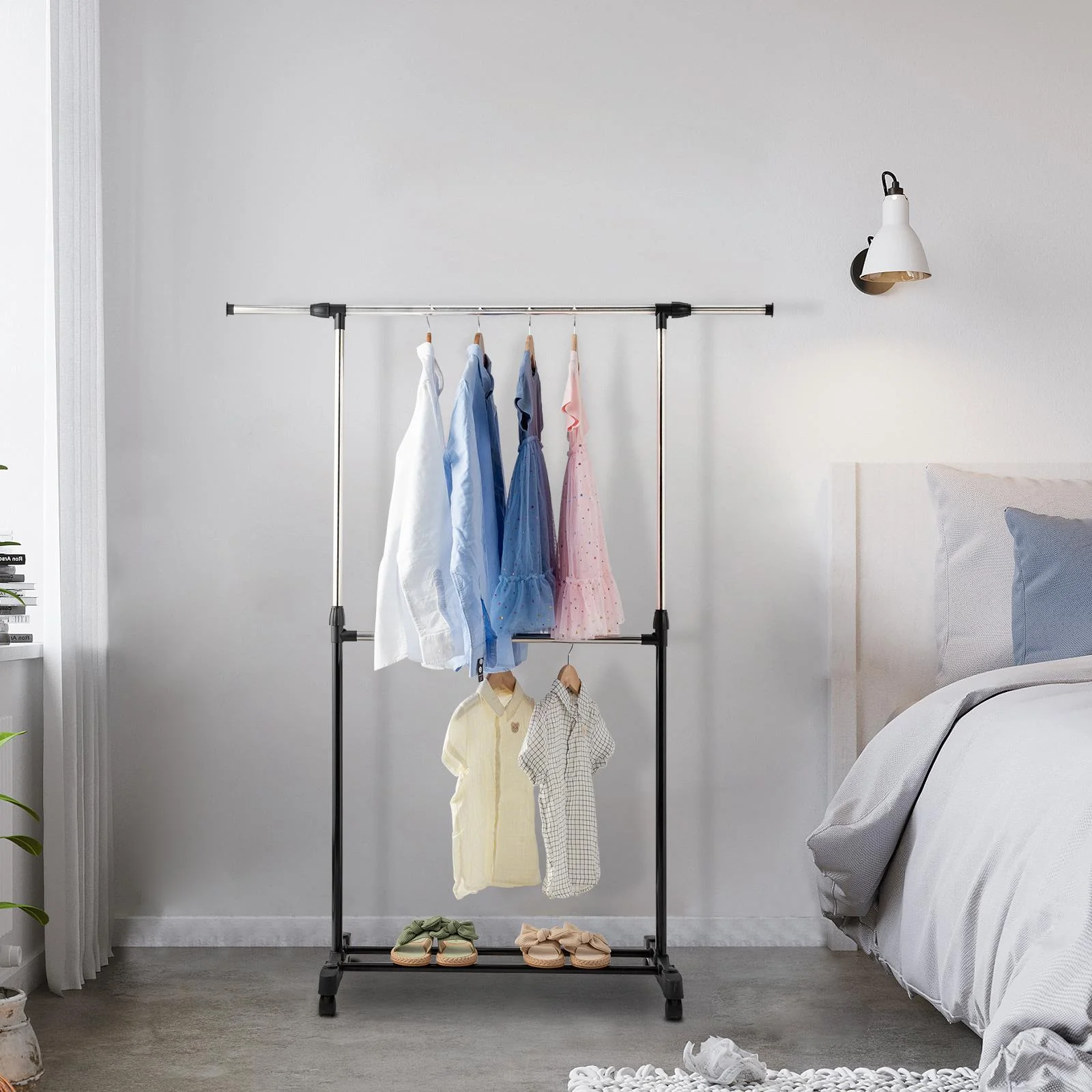 Ktaxon  Adjustable Rolling Clothes Rack Single Rail Hanging Garment Bar Heavy Hanger