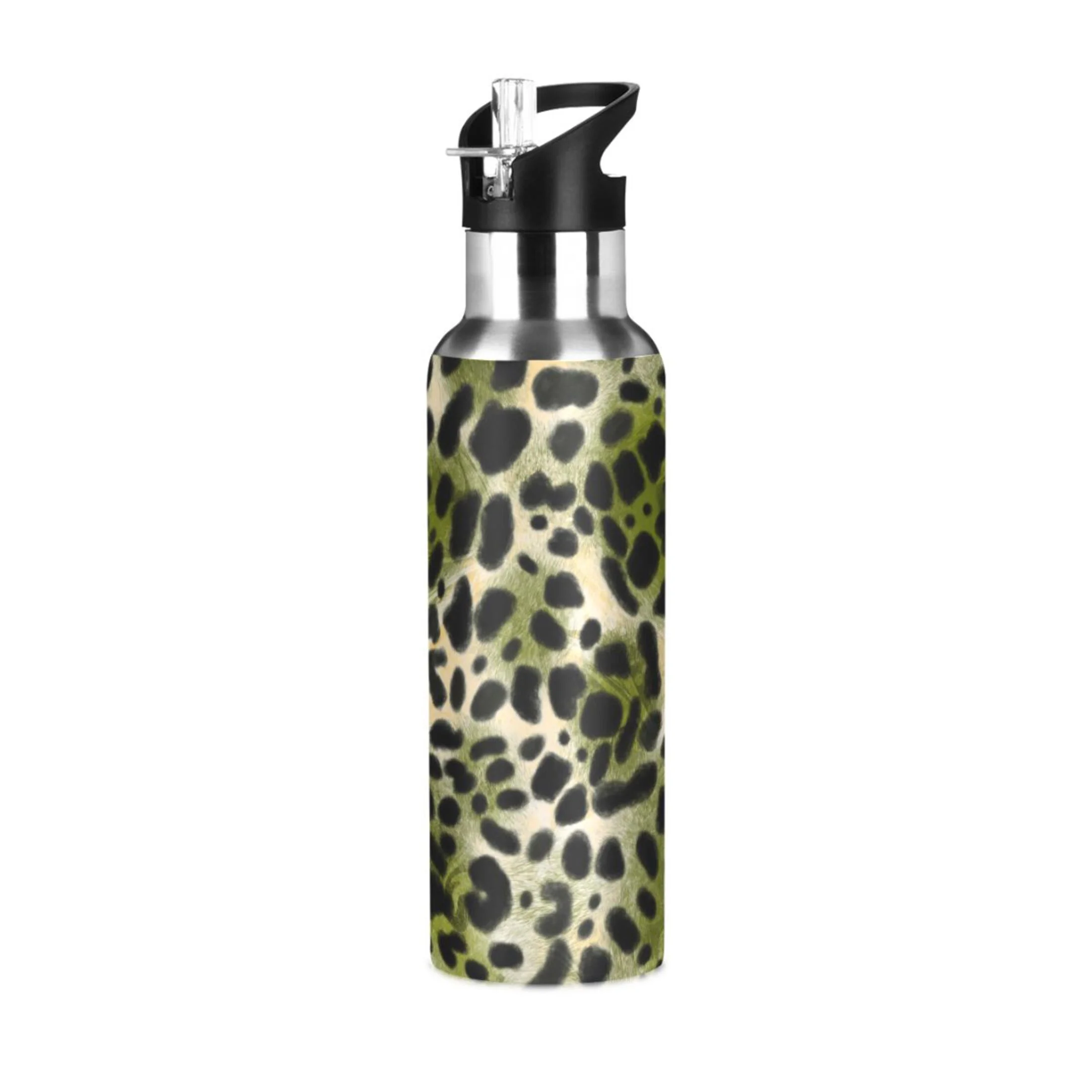 Stainless Steel Water Bottle Green-black Leopard Print with Straw Lid Vacuum Insulated Leak Proof Flask Jug for Gym Travel Sports Cycling Outdoor 20 OZ