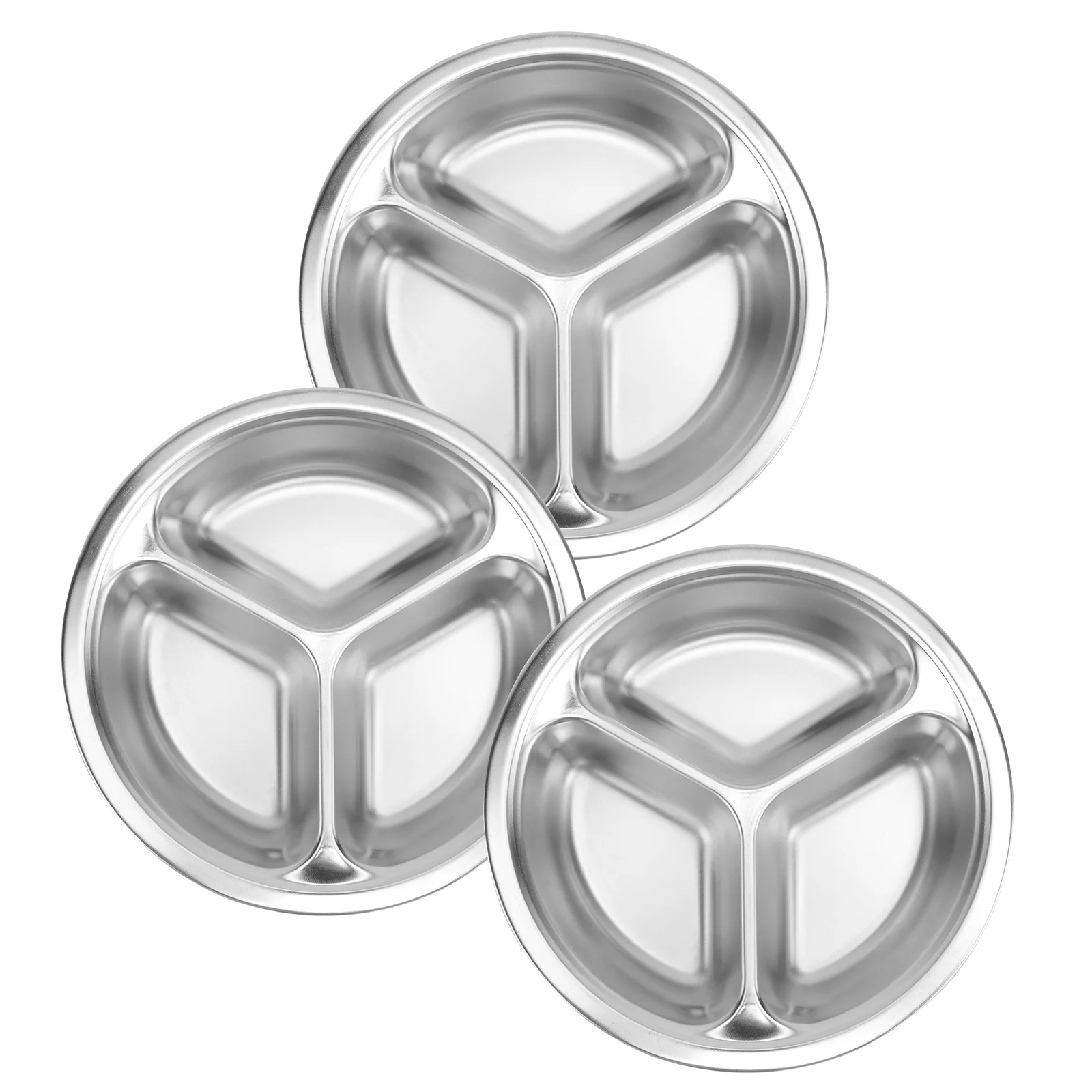 3Pcs Round Stainless Steel Dinner Tray Separation Plates Fast Food Plate Rice Dishes Silver (20cm, 3 Grids)