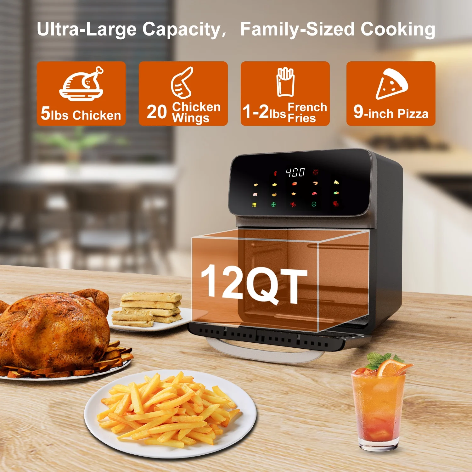 Evo Chef Air Fryer 12QT Convection Oven with Visible Window, 10-in-1 Multi Function and Touchscreen, Gray