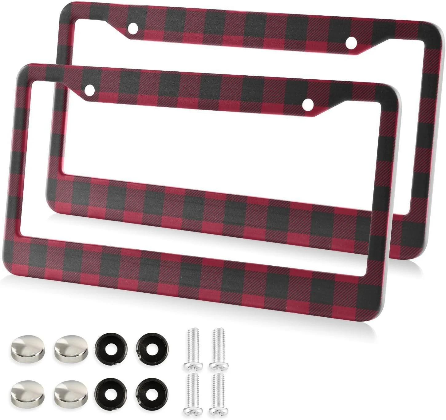 Red Buffalo Plaid License Plate Frame, Decorative Aluminum Car Tag Frames, 2 Pack Universal Car License Plate Covers with 2 Holes and Screws