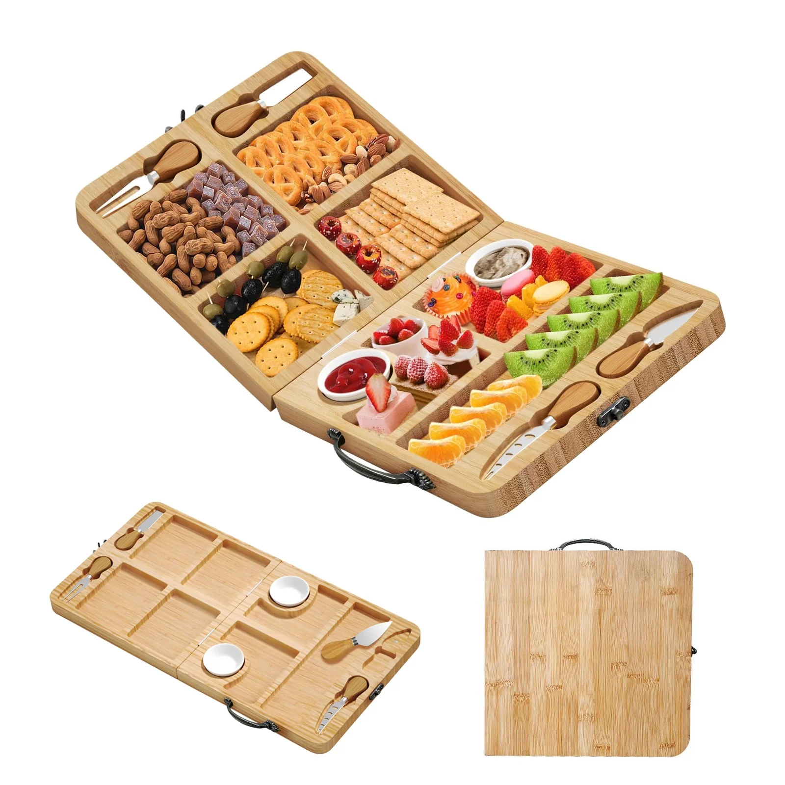 Travel Charcuterie Boards, Bamboo Cheese Board Set, Foldable Cheese Plate, Great Gift for Picnic, Family Gathering, Holiday, Wedding - House Warming Gifts New Home