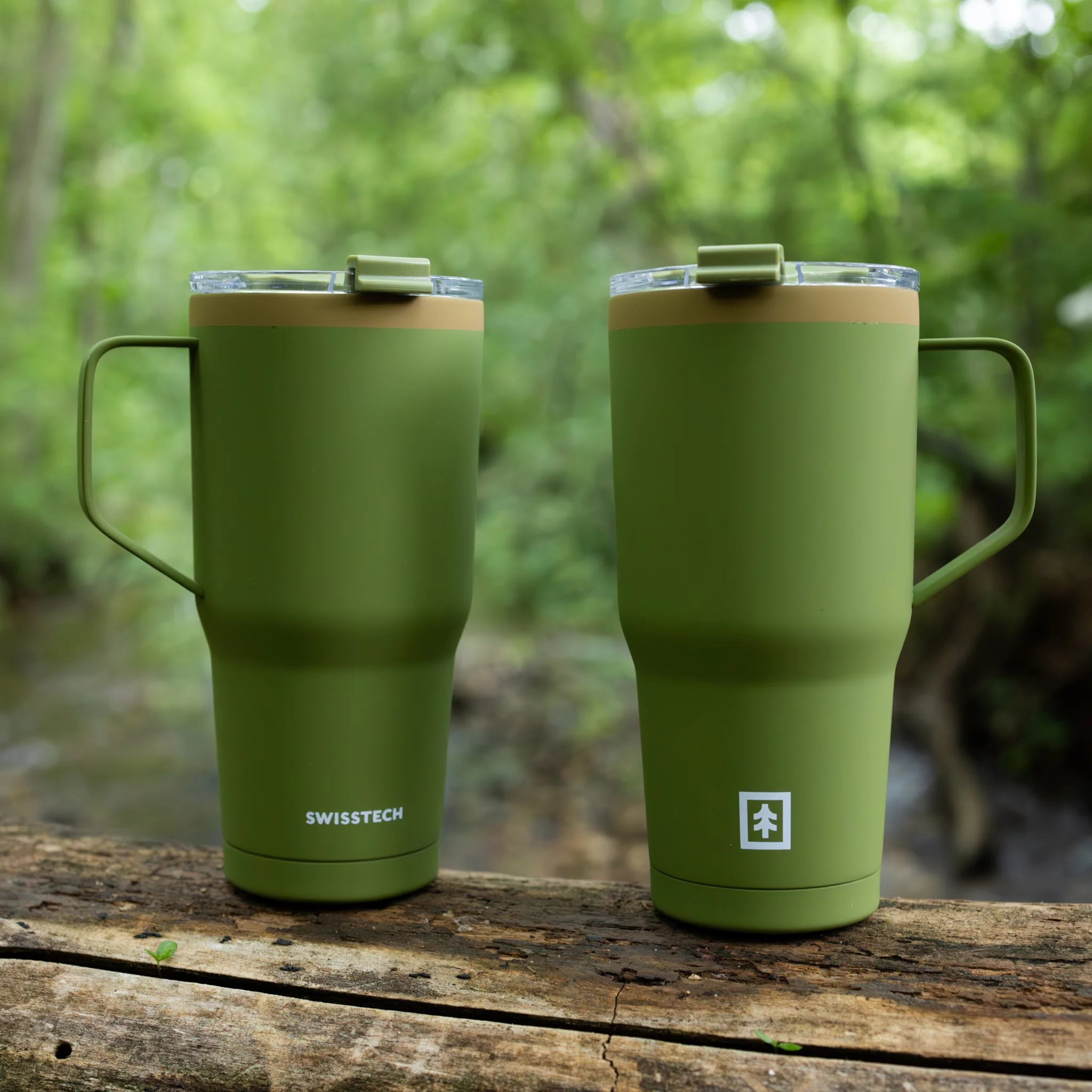 Swiss Tech Stainless Steel Insulated Tumbler with Mug Handle and Leakproof Locking Lid 30oz, 2-Pack, Soft Touch Green