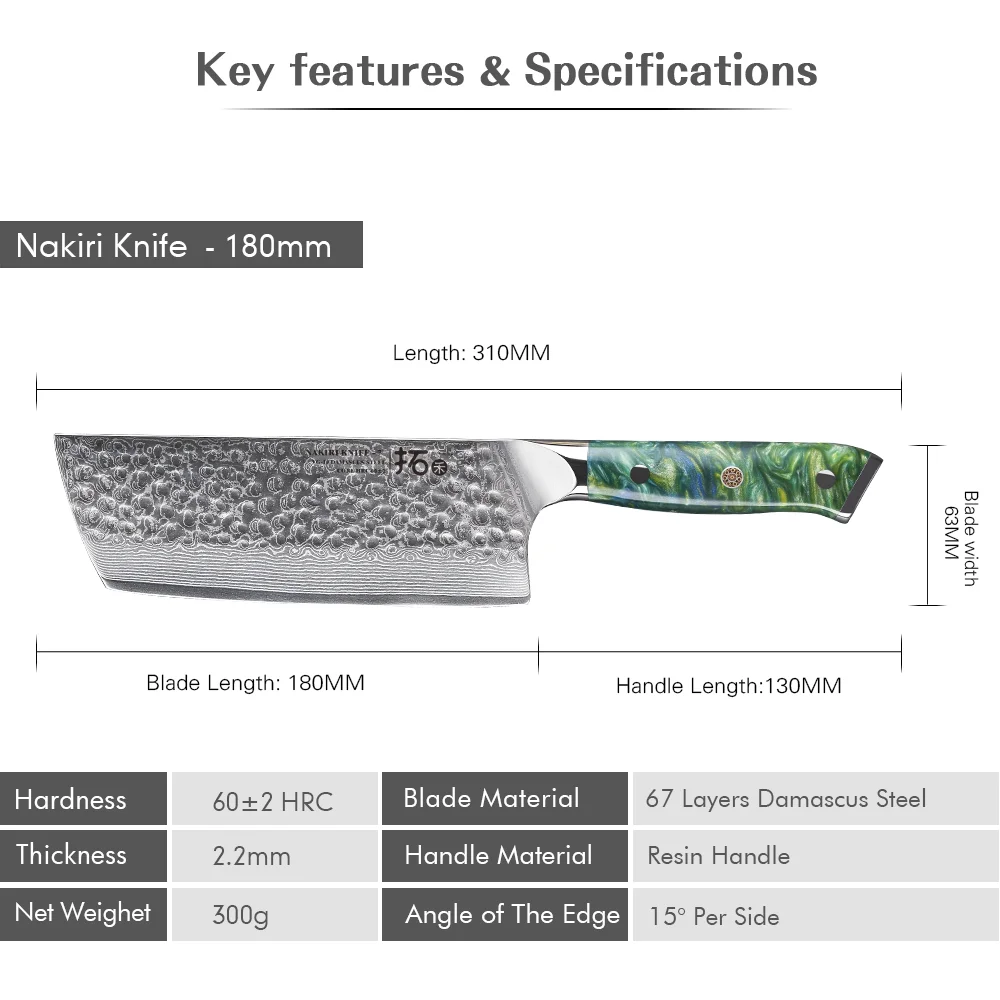 TURWHO 7inch Nakiri Knife Japanese VG10 Damascus Steel Chef Kitchen Knife With Green Resin Handle