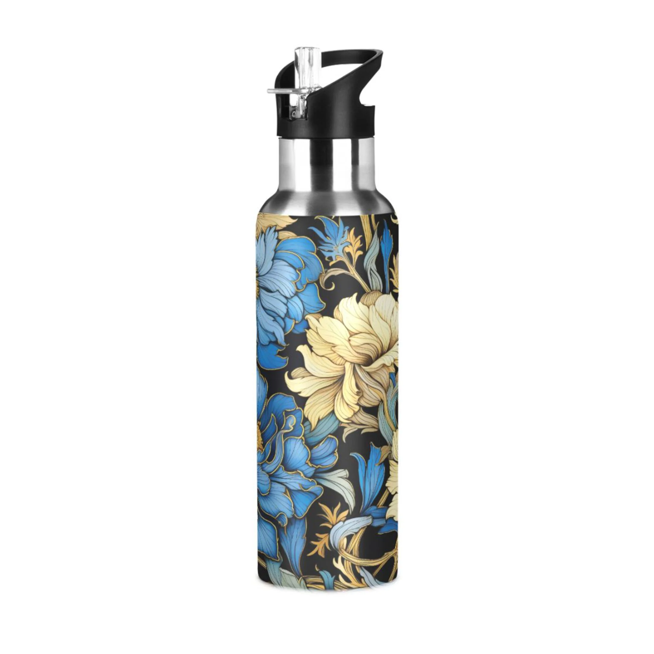 Water Bottle with Straw Lid Leak Blue and Yellow Flowers Stainless Steel Insulated Thermos Vacuum Flask for Cold Hot Drinking for Sports Camping Gym Yoga