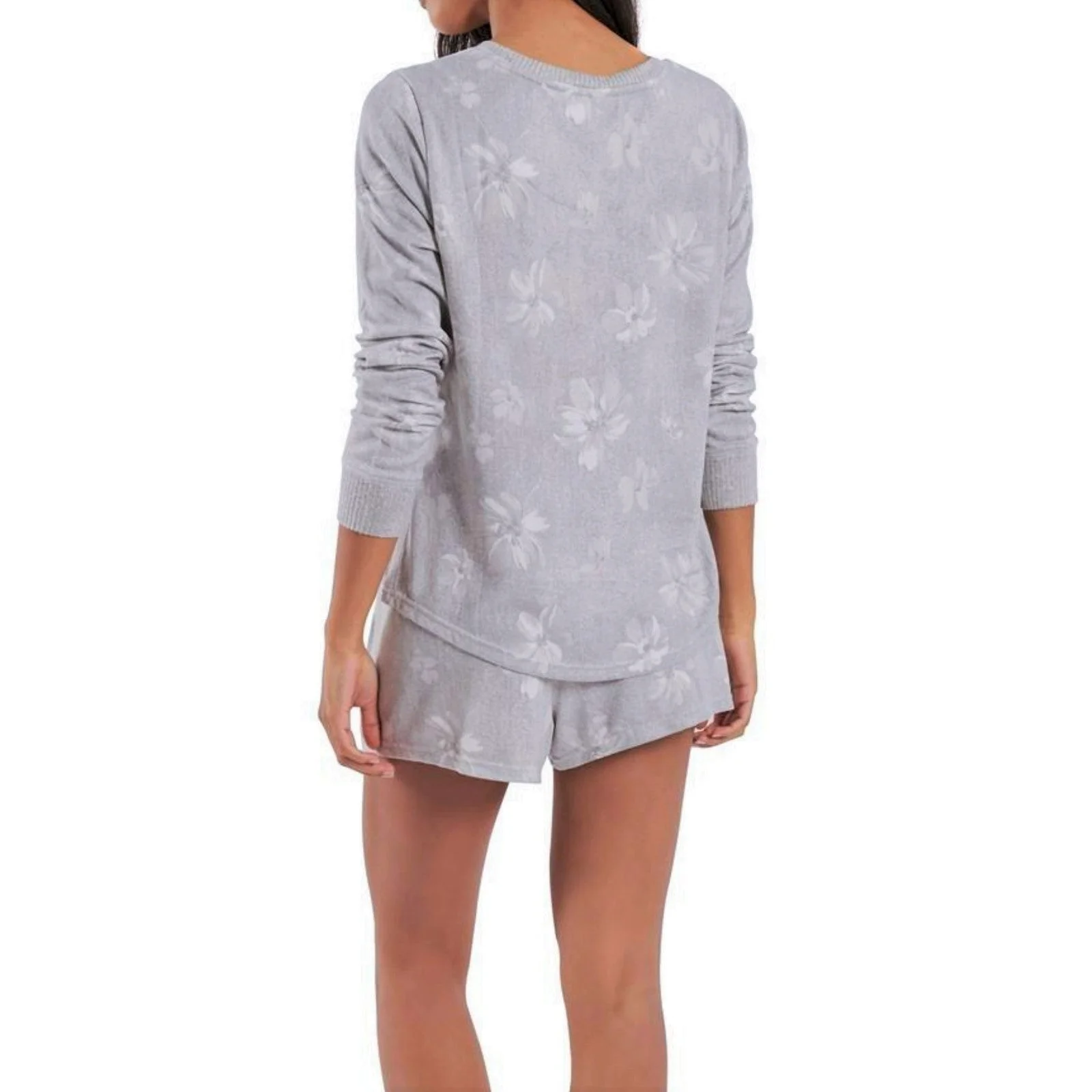 LAURA ASHLEY Ultra Soft 2 Piece Distressed Floral Print Top And Shorts Pajama Set-Gray / XL