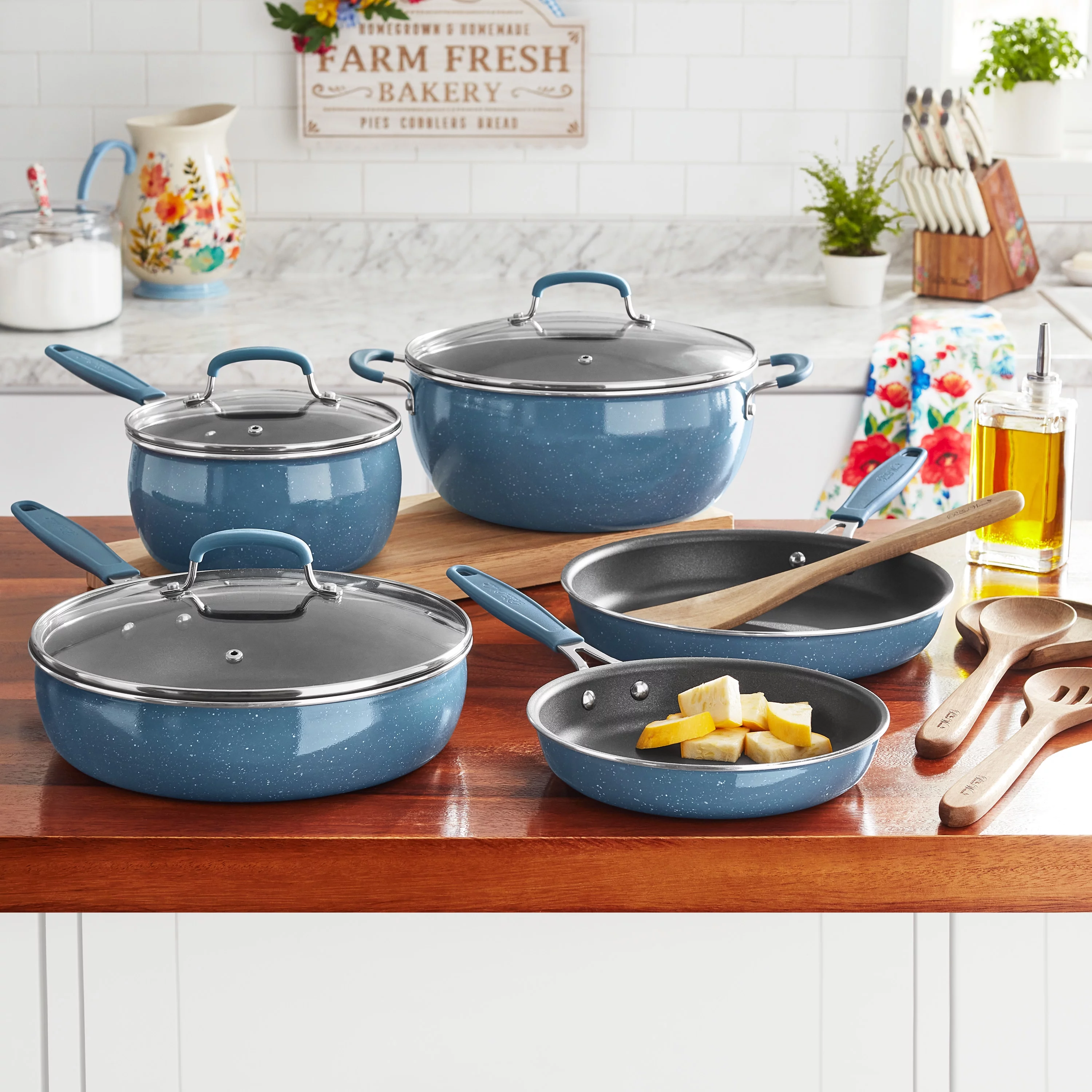 The Pioneer Woman Frontier Speckle 12-Piece Aluminum Cookware Set, Blue Denim