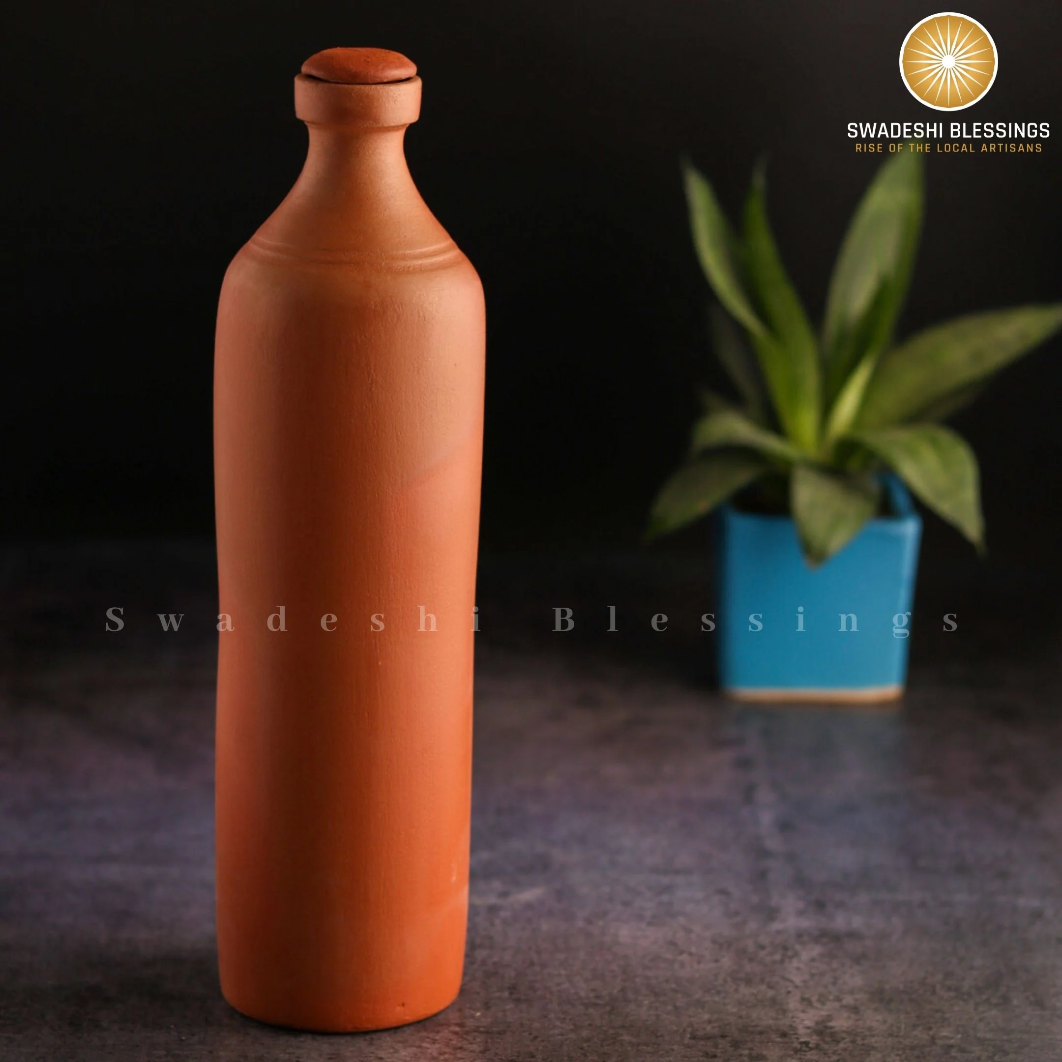 Swadeshi Blessings Handmade Clay Water Bottle, 1L | 100 % Eco-Friendly Earthen Water Tumbler