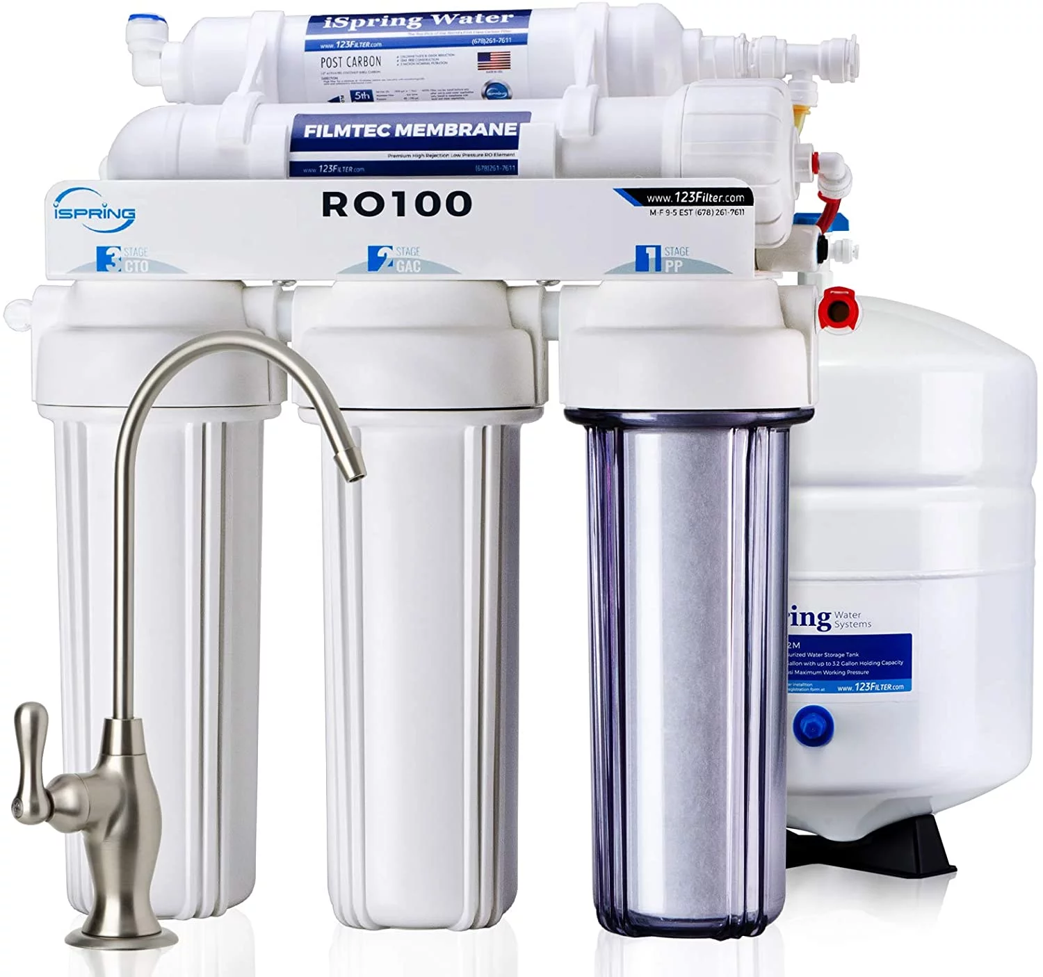 RO100 Under Sink 5-Stage Reverse Osmosis Drinking Water Filtration System High Capacity 100 GPD Fast Flow, 1:1 Pure to Waste Ratio
