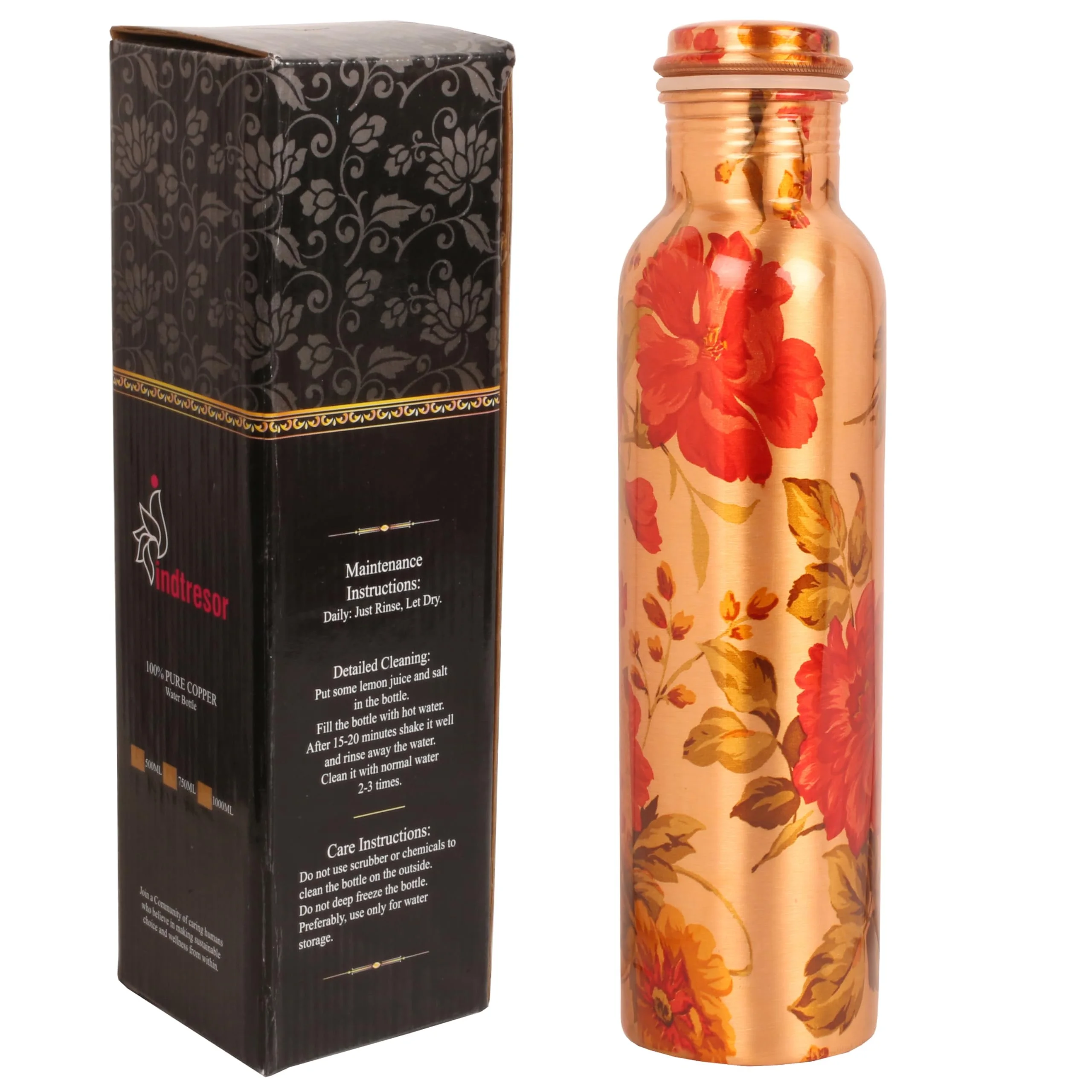 Indtresor Pure Copper Water Bottle - Handcrafted - Ayurveda health benefits - Large 35 oz - Leak proof, Easy to carry for Sports, Fitness, Yoga, School - Natural Copper Finish Floral Colorful Enamel