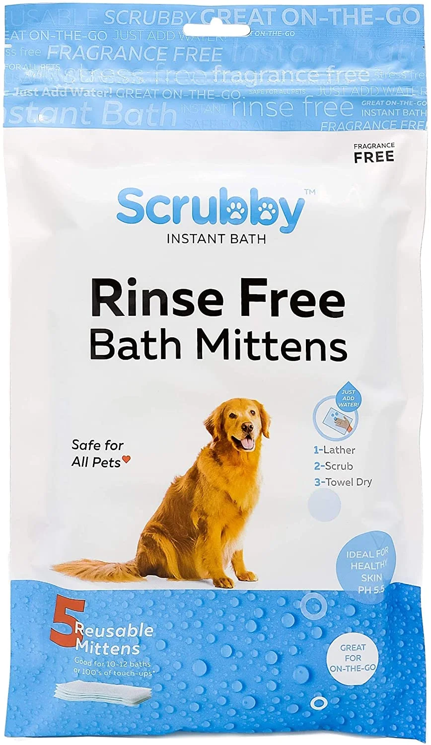Scrubby Pet No Rinse Pet Wipes, Rinse Free Shampoo Mittens for Dogs and Cats, Bath Wipes for Bathing and Washing Pets, Hypoallergenic No Rinse Wash Mitt for Grooming, Lather Wipe Dry - 15 Pack