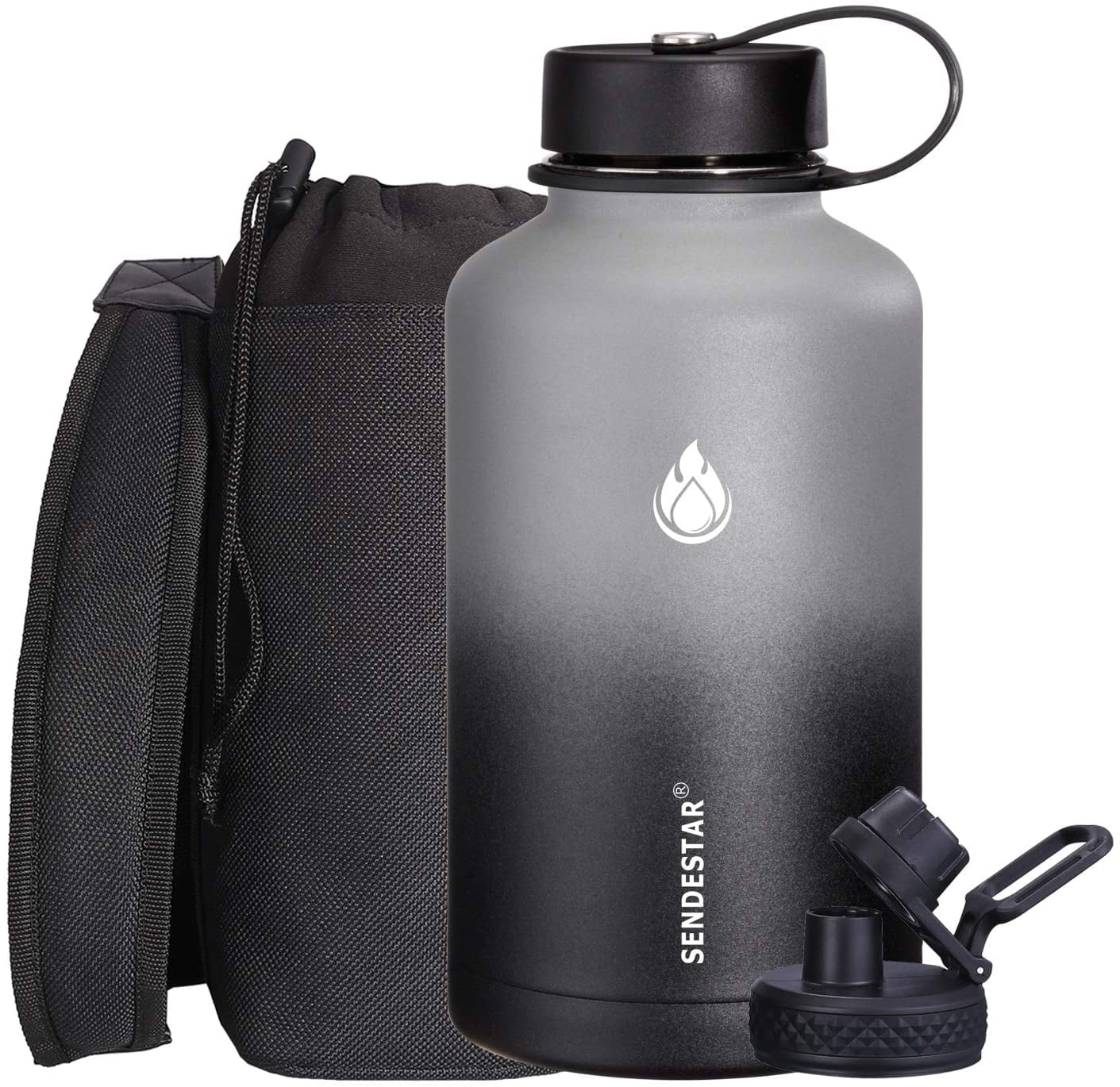 SENDESTAR Stainless Steel Water Bottle-12oz, 24oz, 40oz or 64oz with New Straw Lid or Spout Lid Keeps Liquids Hot or Cold with Double Wall Vacuum Insulated Bottle (64 oz-Black)