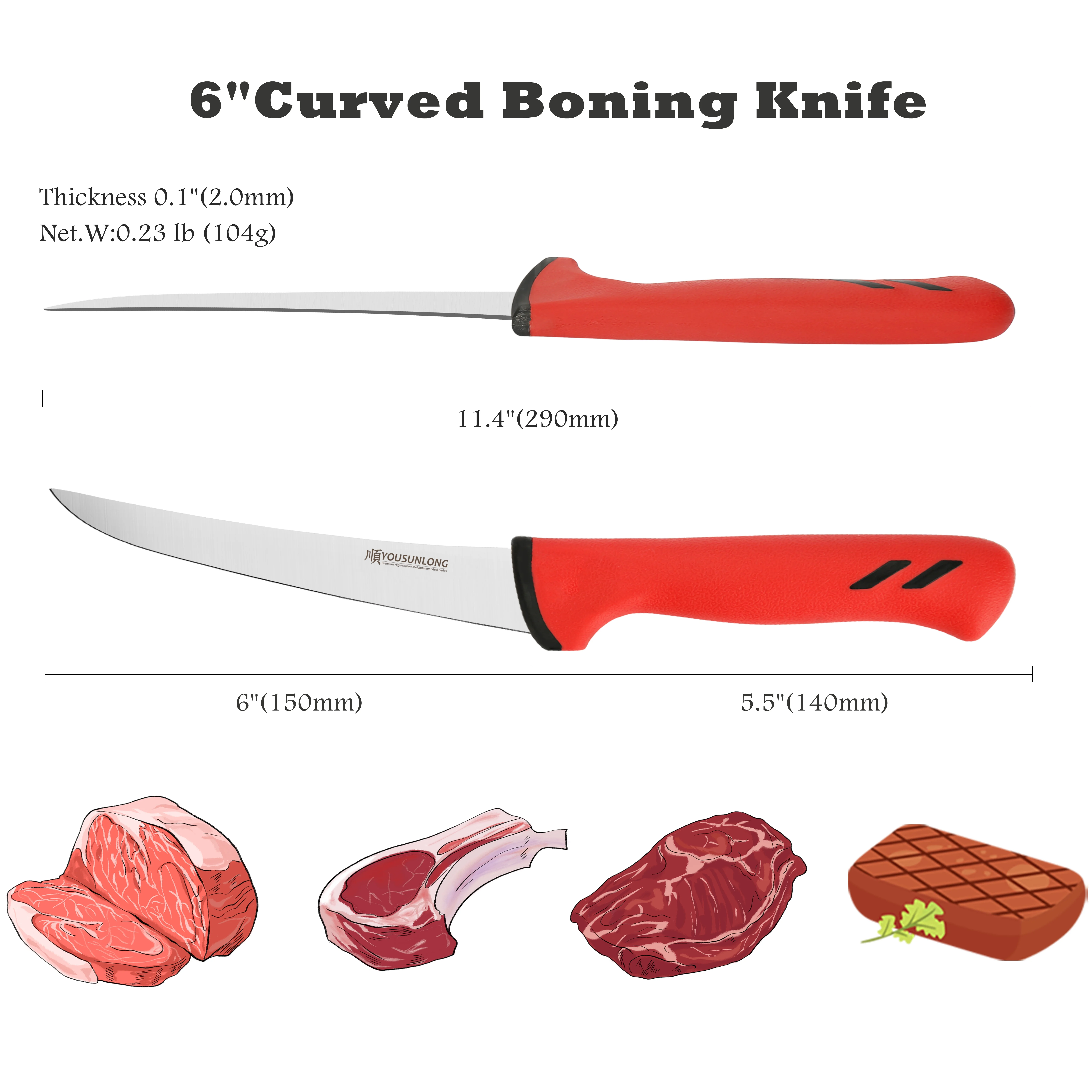 YOUSUNLONG Fillet Knife Boning Knife 6 Inch - Flexible Curved Blade Processing Knife - Brisket Meat Trimming Butcher Knife - Specialized for Slaughterhouses