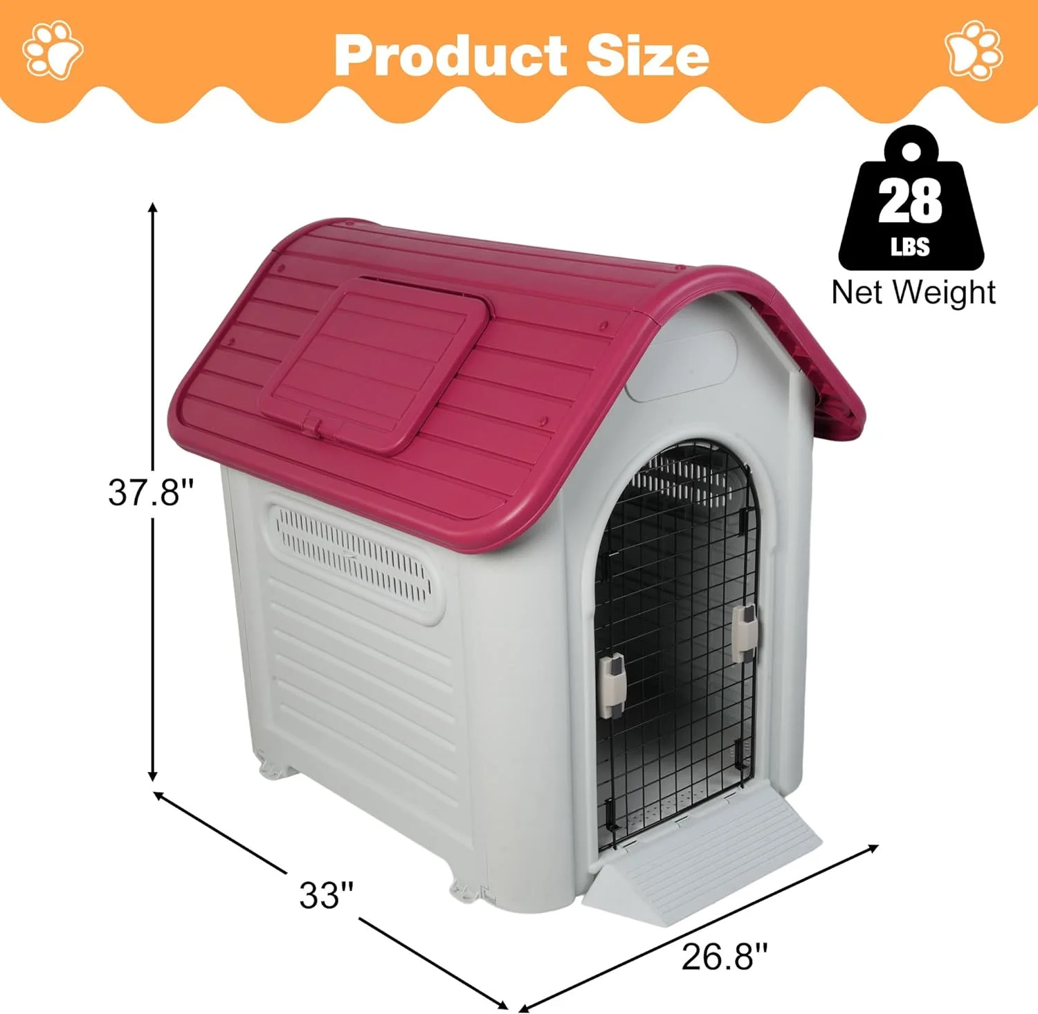 Red Sloped Roof Dog House for Small to Medium Dogs, 38