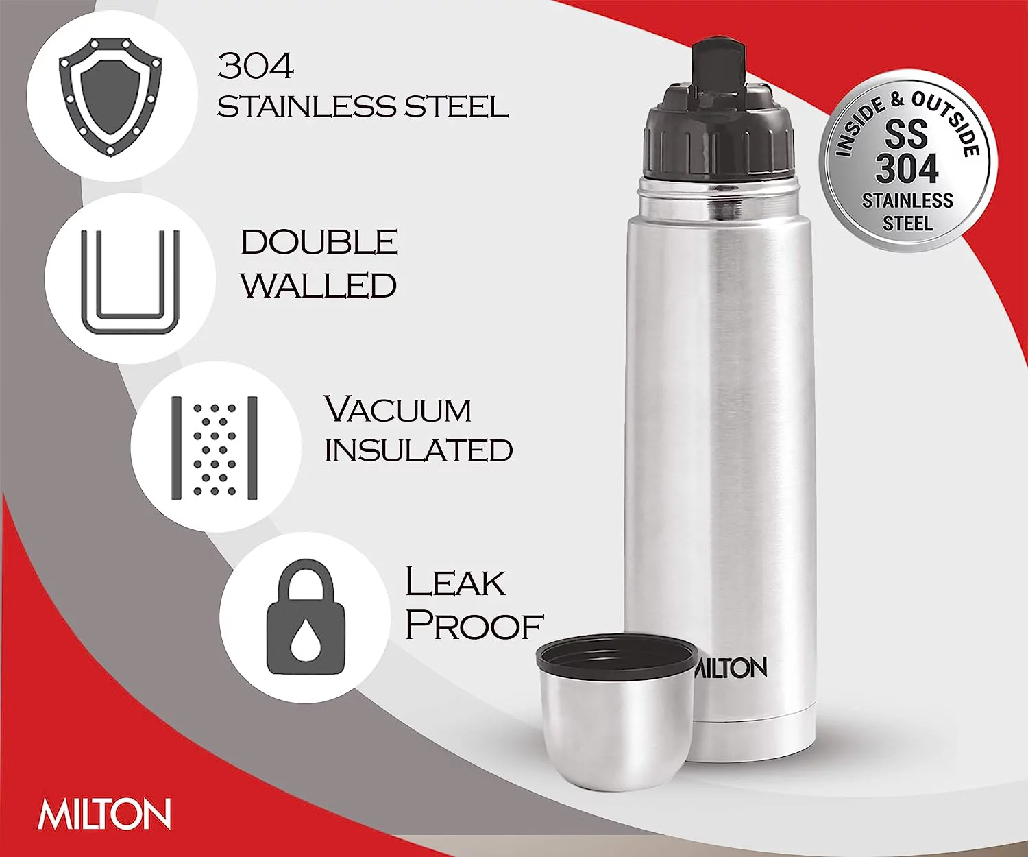 Milton Thermosteel Flip Lid Flask 350, Double Walled Vacuum Insulated 350 ml | 12 oz | 24 Hours Hot and Cold Water Bottle with Cover, 18/8 Stainless Steel, BPA Free, Food Grade, Leak-Proof | Silver