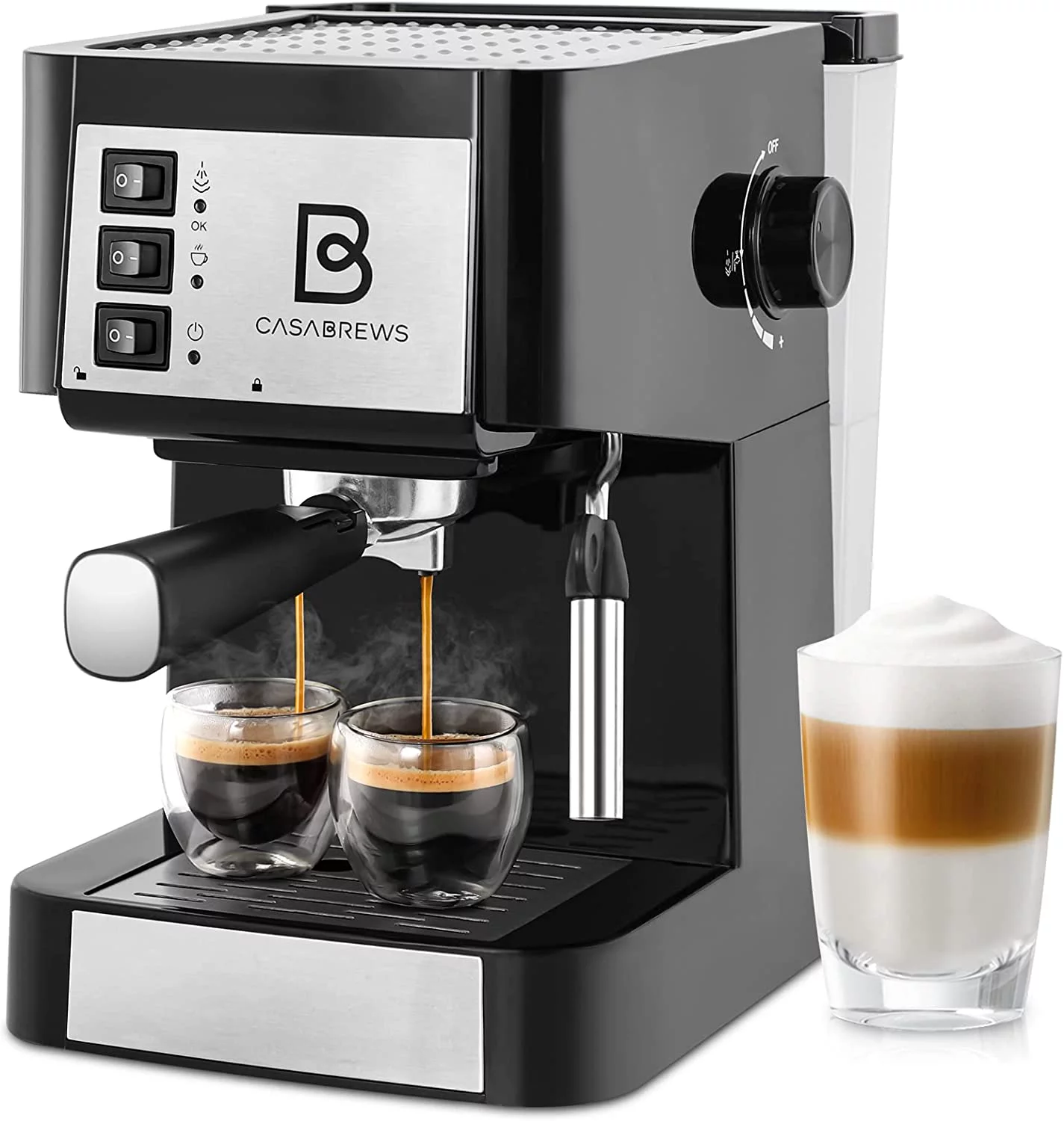 Espresso Coffee Machine with Milk Frother Wand and Detachable Water Tank for Barista Use and Cafe Products, Black/Silver