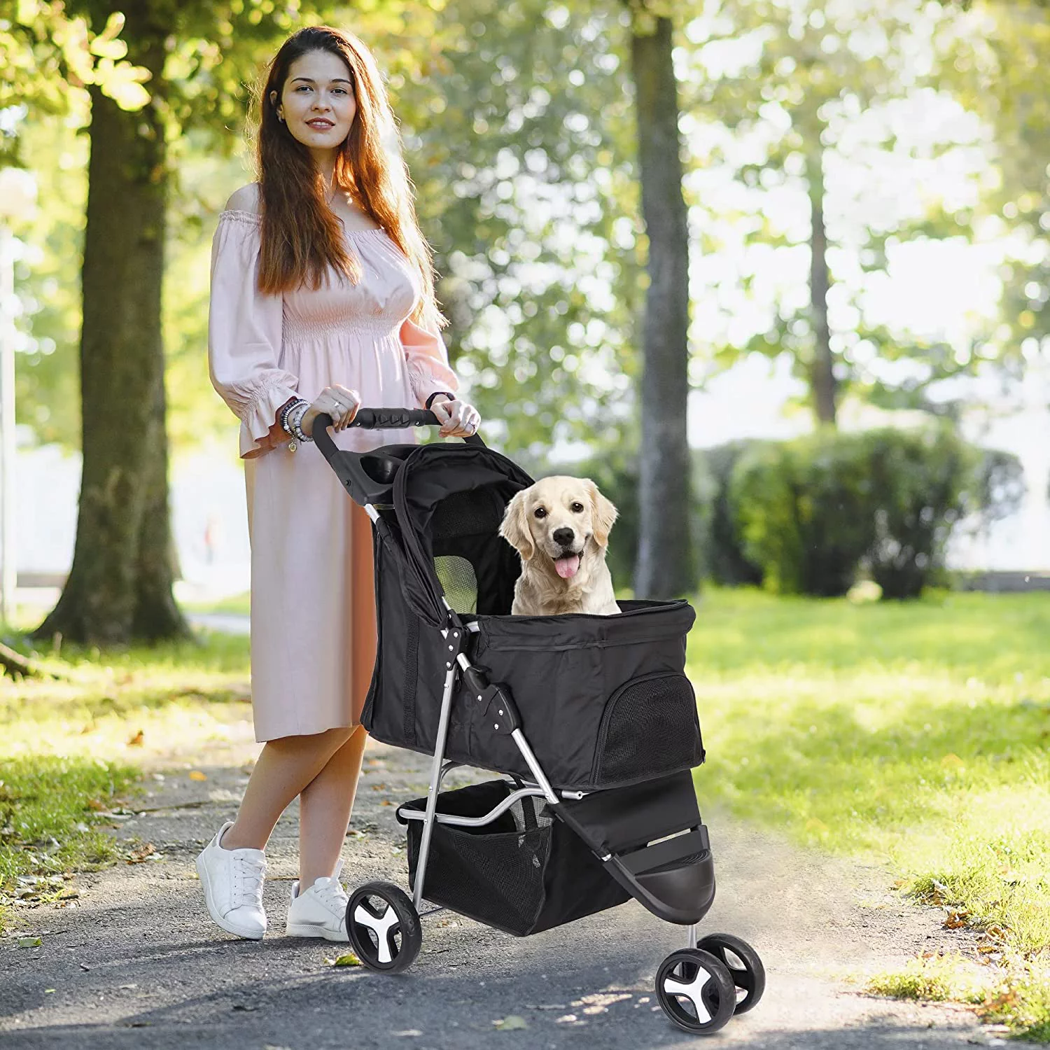 Foldable Pet Stroller for Cats and Dogs 3 Wheels Carrier Strolling Cart with Weather Cover, Storage Basket + Cup Holder